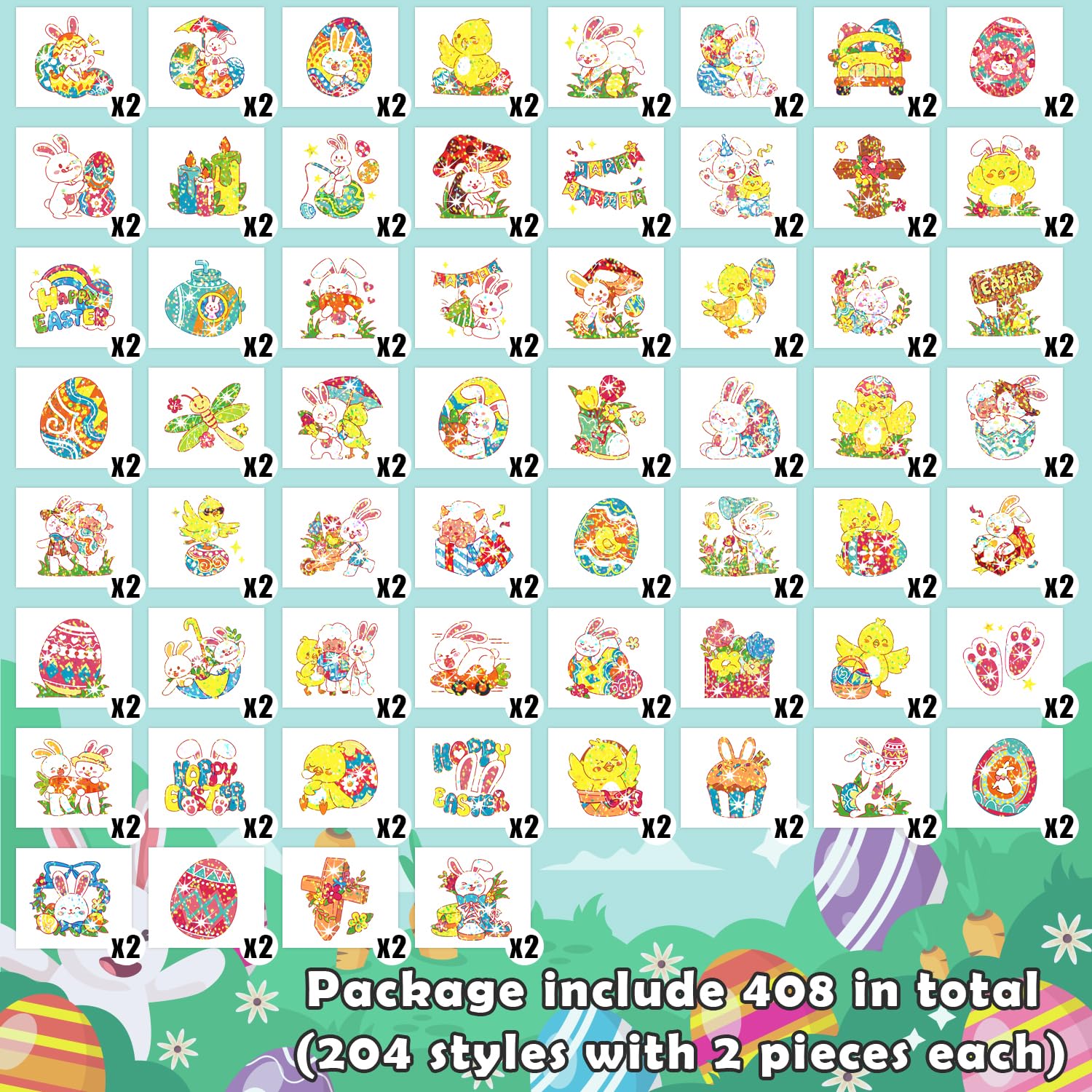 408-Piece Easter Temporary Tattoos for Kids - Glitter Bunny & Egg Stickers for Boys & Girls | Easter Basket Fillers, Spring Party Favors, Goodie Bag Stuffers | Perfect for Easter Egg Hunts, Classroom Rewards & Birthday Party Activities