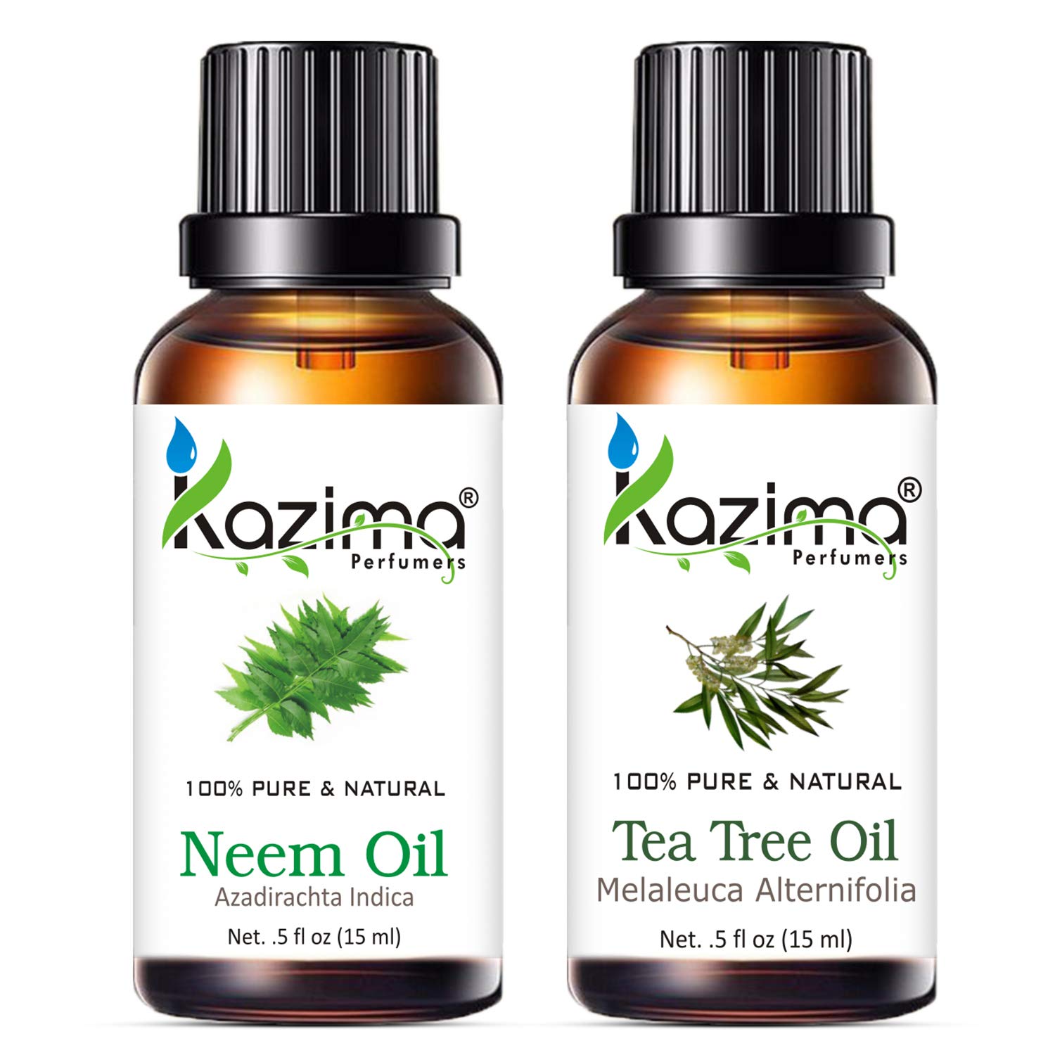 KAZIMA Neem Oil & Tea Tree Oil Combo - 100% Pure Undiluted Essential Oils for Acne Treatment, Scar Removal, Skin Hydration & Dandruff Relief (15ml Each) - Perfect for Face Care, Hair Growth & Natural Beauty Routine