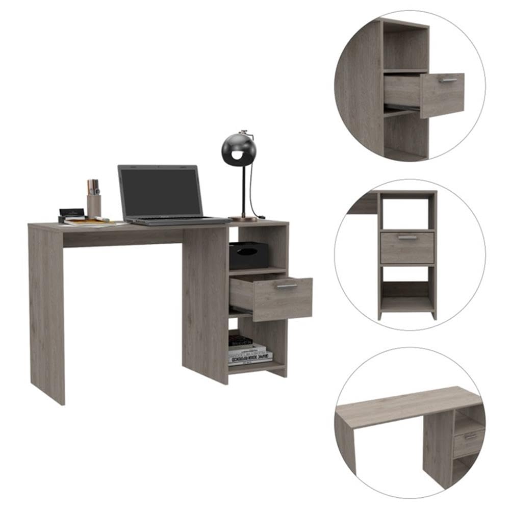 Modern Light Gray Arlington Computer Desk with Drawer & 2 Open Shelves - Home Office Workstation for Small Spaces, Study Room, or Bedroom Workspace