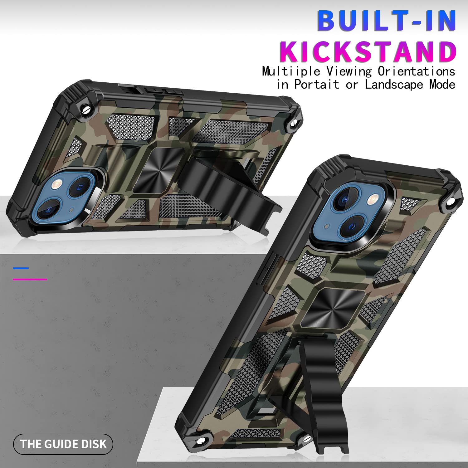 Rugged Military-Grade Shockproof iPhone 13 Case with Kickstand - Camouflage Army Green Protective Cover for Outdoor Adventures & Daily Use