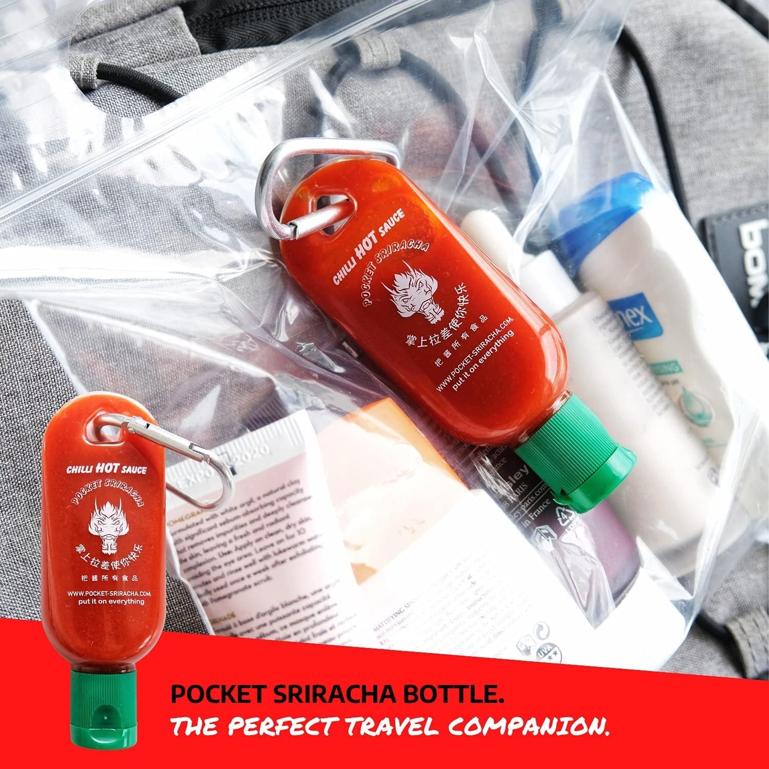 Portable Sriracha Hot Sauce Keychain Bottles - 5 Pack (30ml/1oz Each) - Refillable Mini Travel Hot Sauce Containers - Perfect for Camping, Picnics & On-The-Go Meals - Ships Empty - Great Gift for Spicy Food Lovers