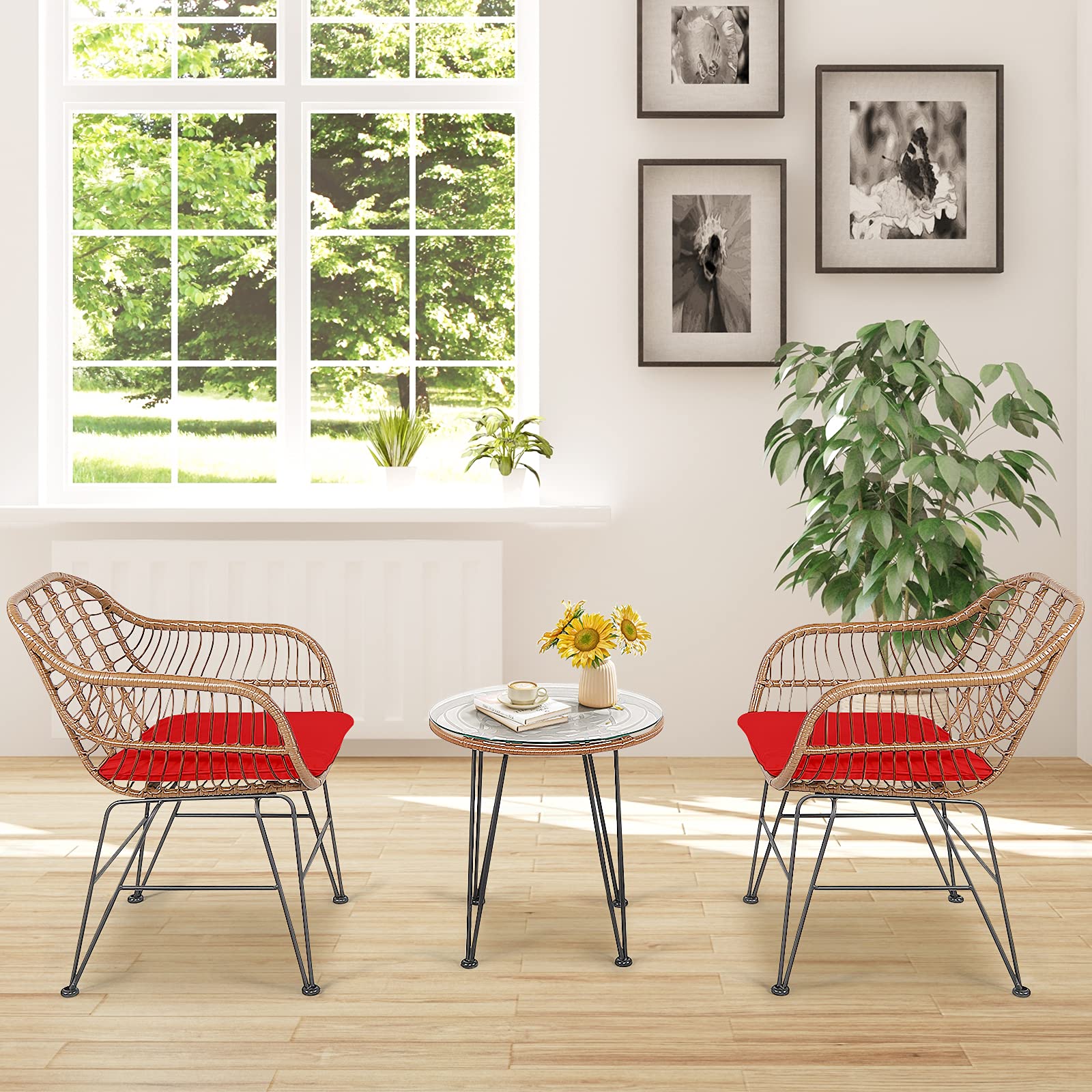 RELAX4LIFE 3-Piece Outdoor Patio Furniture Set - Rattan Bistro Table with Tempered Glass Top & 2 Wicker Armchairs - Perfect for Garden, Backyard, Porch, Balcony - Red Wicker Conversation Set for Relaxing & Entertaining Guests