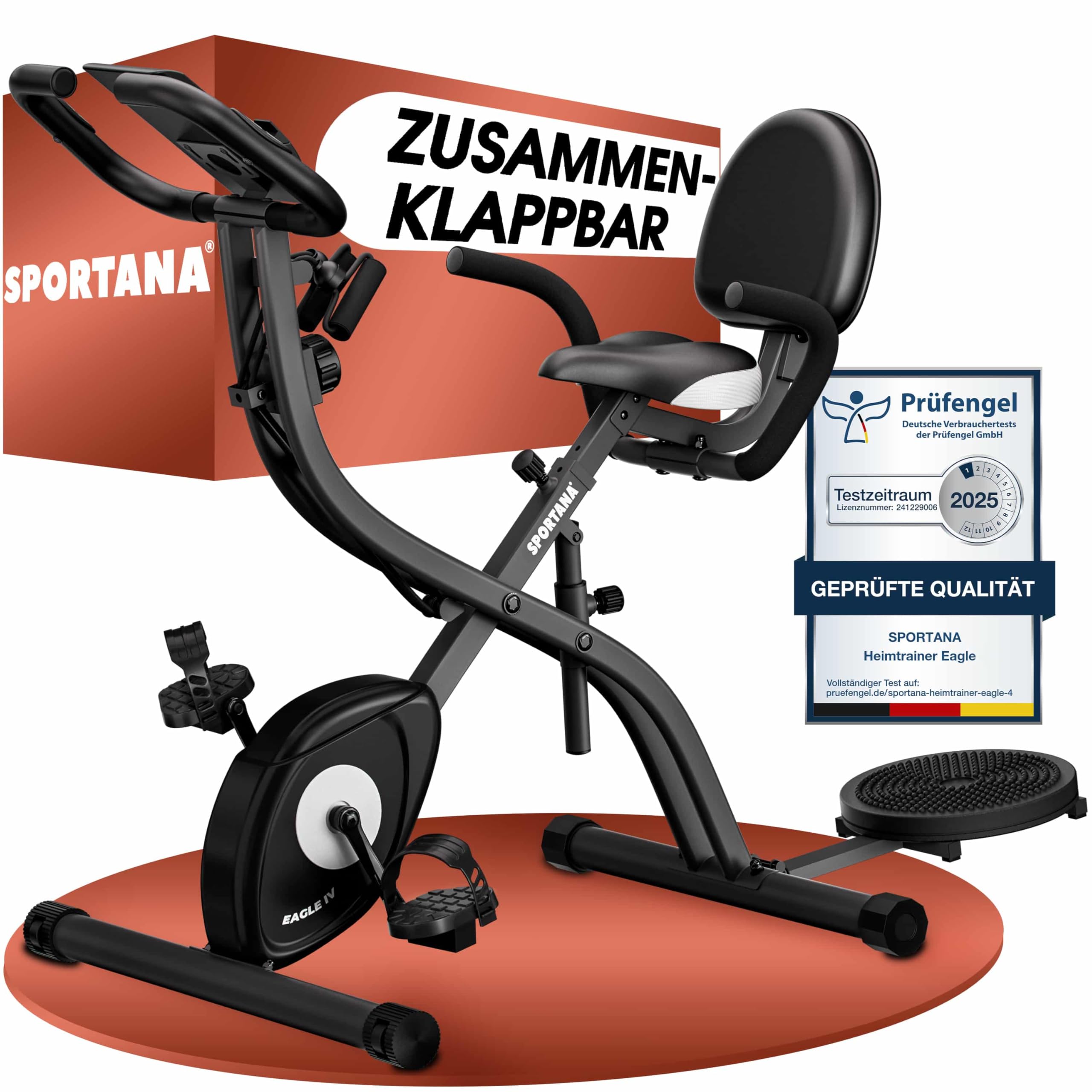 SPORTANA® Foldable Exercise Bike for Home Gym - 140KG Weight Capacity, 7 Seat Heights, LCD Display, Training APP, 2 Resistance Bands - 4-in-1 Cardio Machine for Indoor Cycling & Full-Body Workout (Ideal for Small Spaces, Home Fitness & Apartment Workouts)