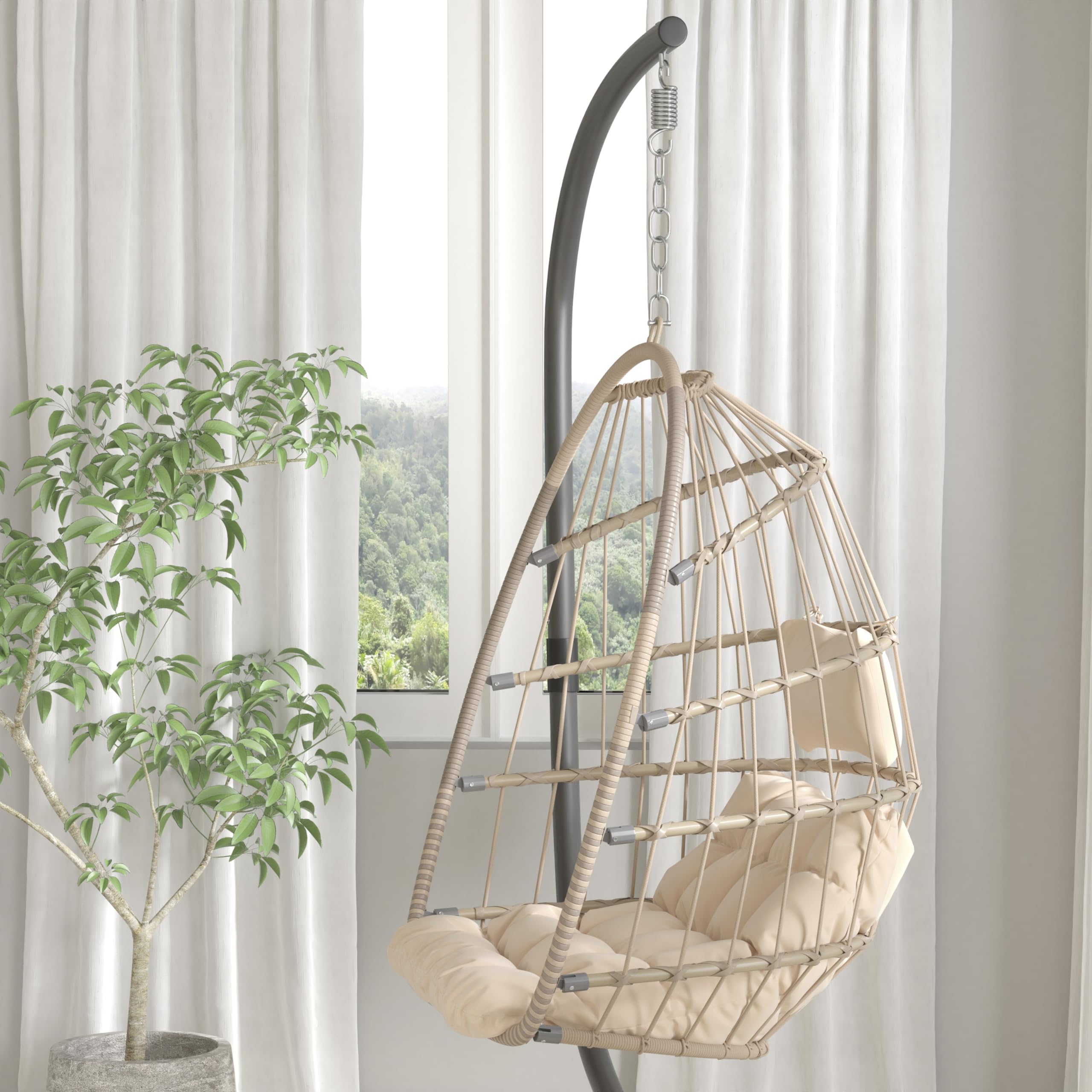 Cleo Indoor/Outdoor Patio Hanging Egg Chair - Natural Wicker Frame with Cream Cushions, Black Powder-Coated C-Stand - Perfect for Porch, Garden & Backyard Relaxation
