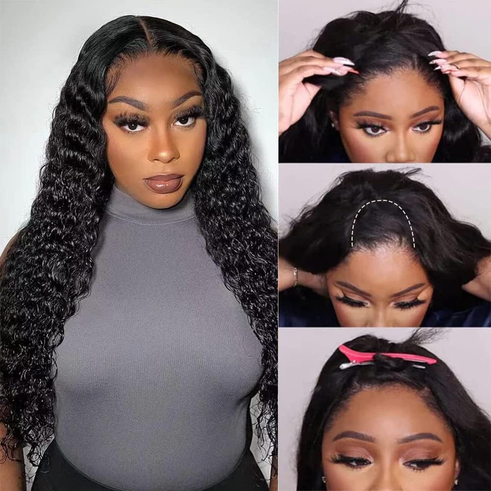 U Part Wigs Human Hair for Black Women - 250% Density Brazilian Deep Wave Clip-in Half Wig | Glueless V Part Wigs with Pre-Plucked Natural Hairline | 22 Inch Full Head Human Hair Wig for Daily Wear & Special Occasions