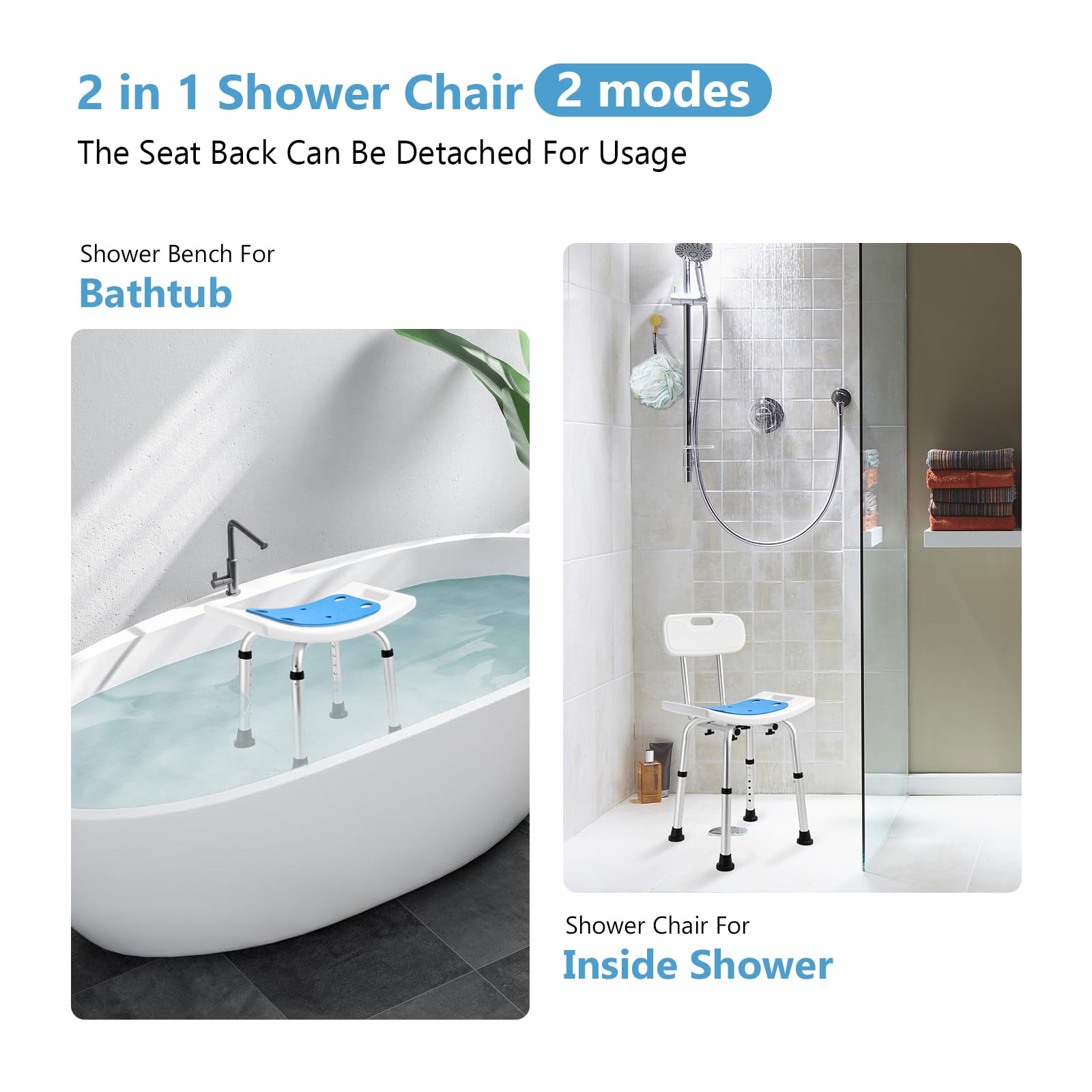 2 in 1 Adjustable Shower Chair with Removable Back - Non-Slip Bath Stool for Seniors & Disabled (300 lbs Capacity) - Ideal for Narrow Showers & Bathtubs - White | Perfect for Elderly Safety & Bathroom Accessibility