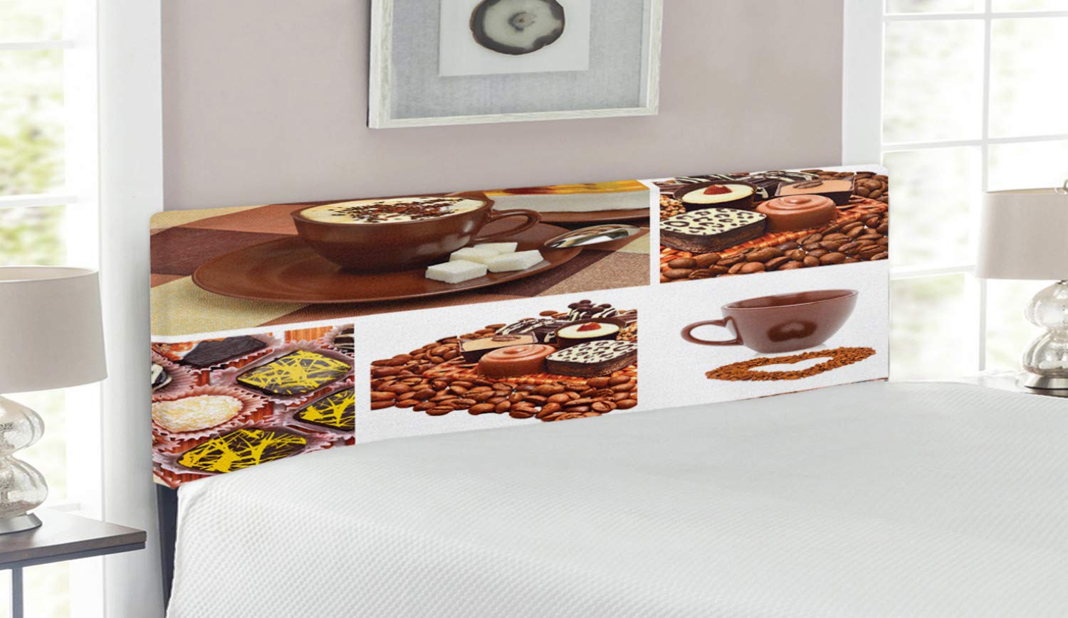 Ambesonne Queen Size Upholstered Metal Headboard with Memory Foam - Chocolate Sweets, Muffins & Coffee Beans Design - Decorative Bed Headboard for Coffee Lovers | Perfect for Bedroom Decor & Coffee-Themed Home Interiors