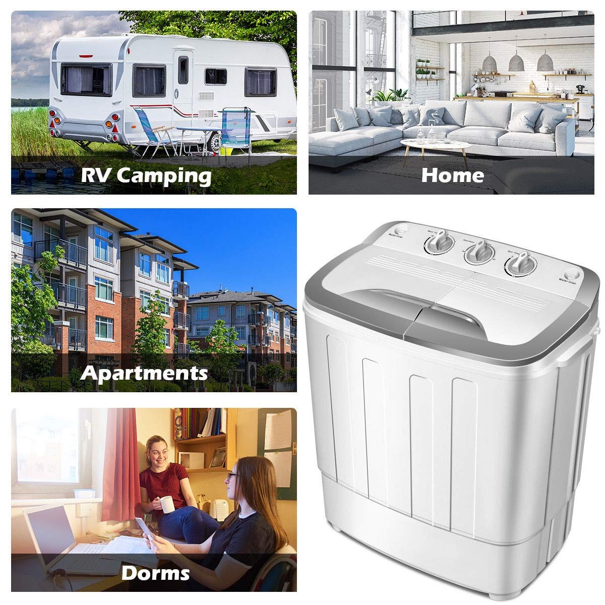 SAFEPLUS Compact Mini Twin Tub Washing Machine - 8 lbs Washer & 5 lbs Spin Dryer, Gravity Drain Pump with Hose for Apartments, Dorms, RVs - Portable Laundry Solution for Small Spaces
