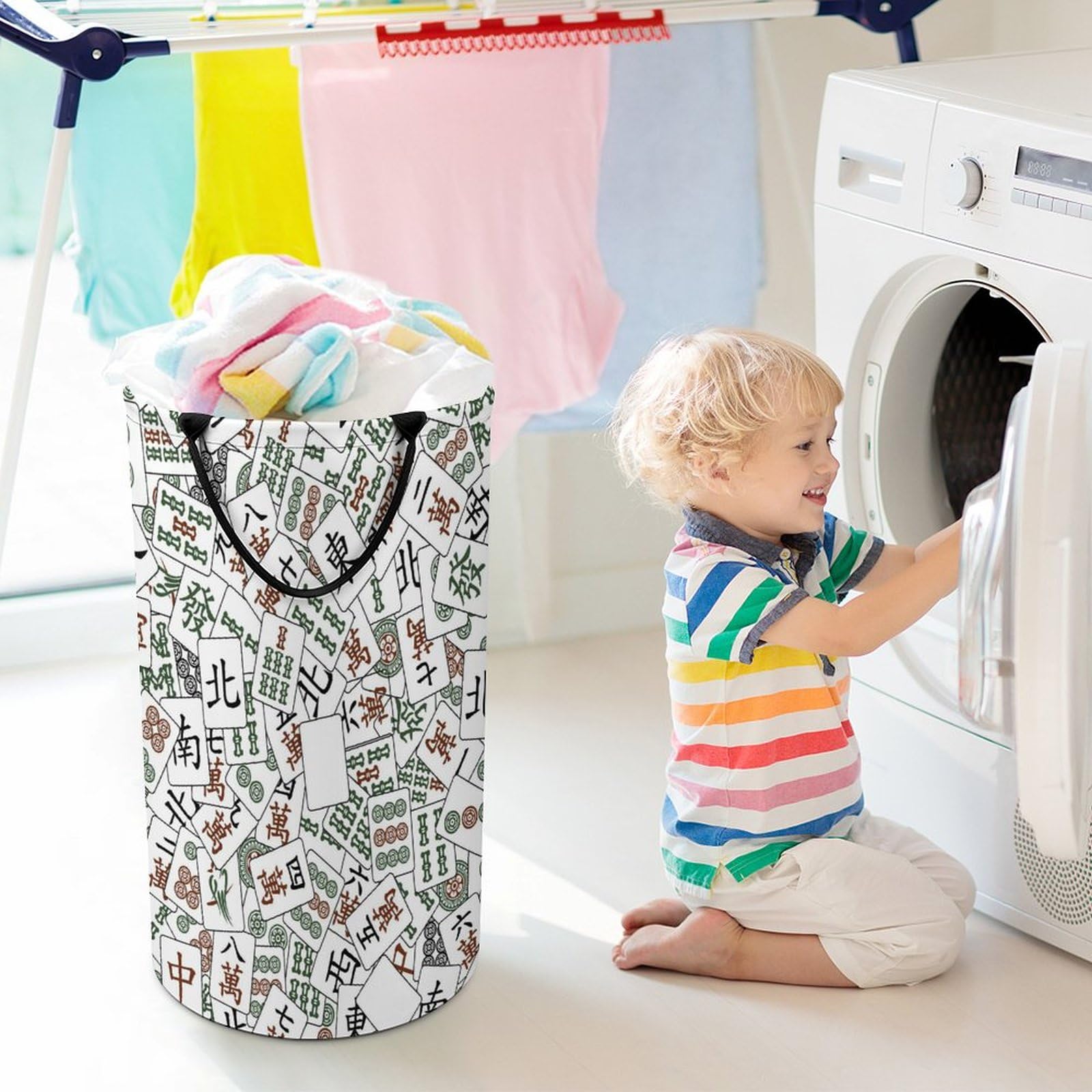 Collapsible Mahjong Tiles Laundry Hamper with Handle - Foldable Clothes Basket for Bedroom, Bathroom & Dorm | Perfect for Laundry Storage & Organization
