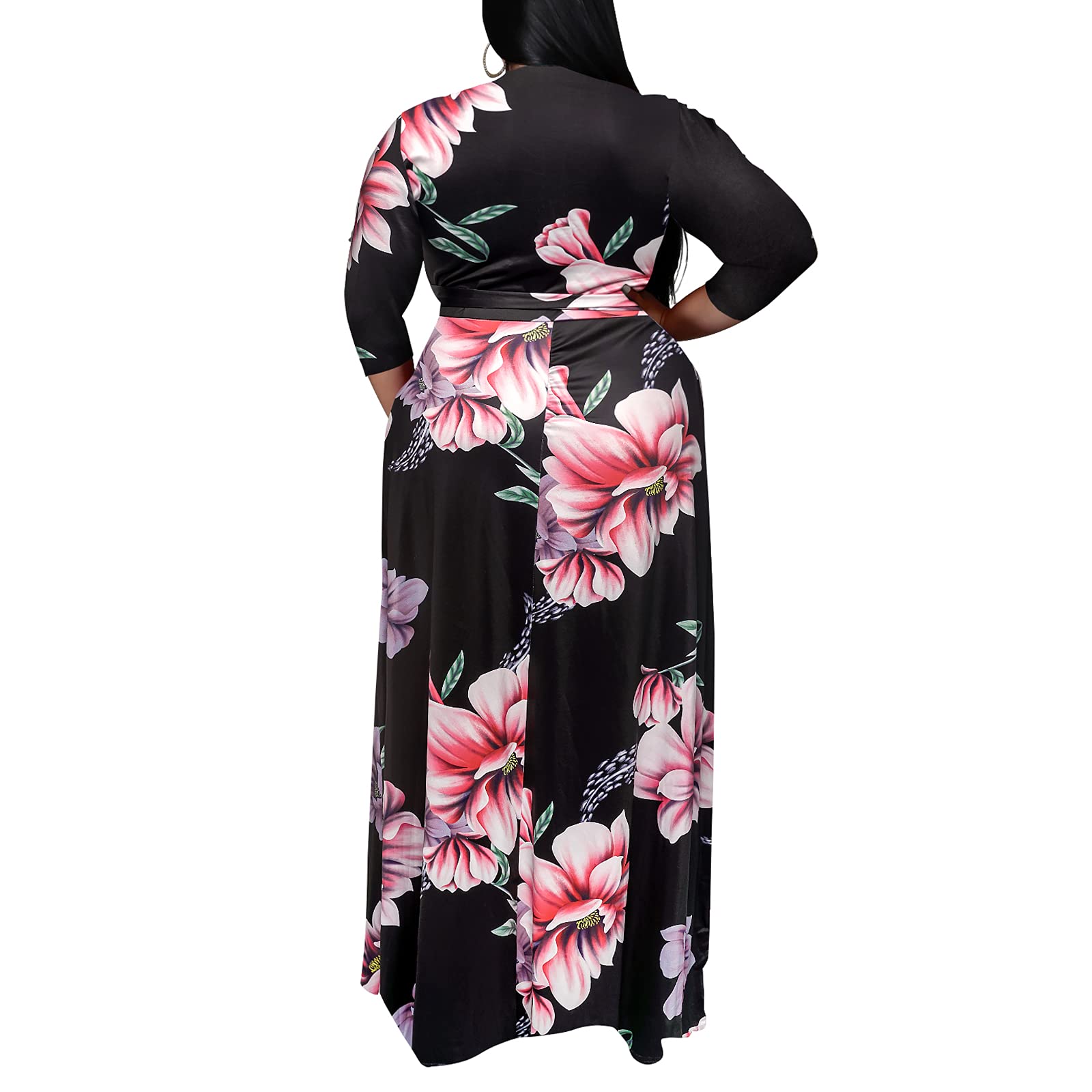 Runwind Plus Size Floral Maxi Dress for Women - 3/4 Sleeve Flowy Summer Dress with Adjustable Belt | Perfect for Beach Vacations, Weddings & Casual Outings
