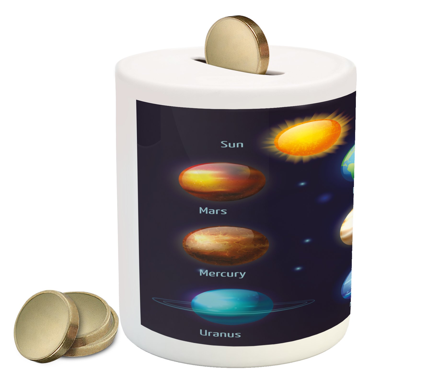 Ambesonne Ceramic Piggy Bank - Solar System Planets & Sun Design, 3.6