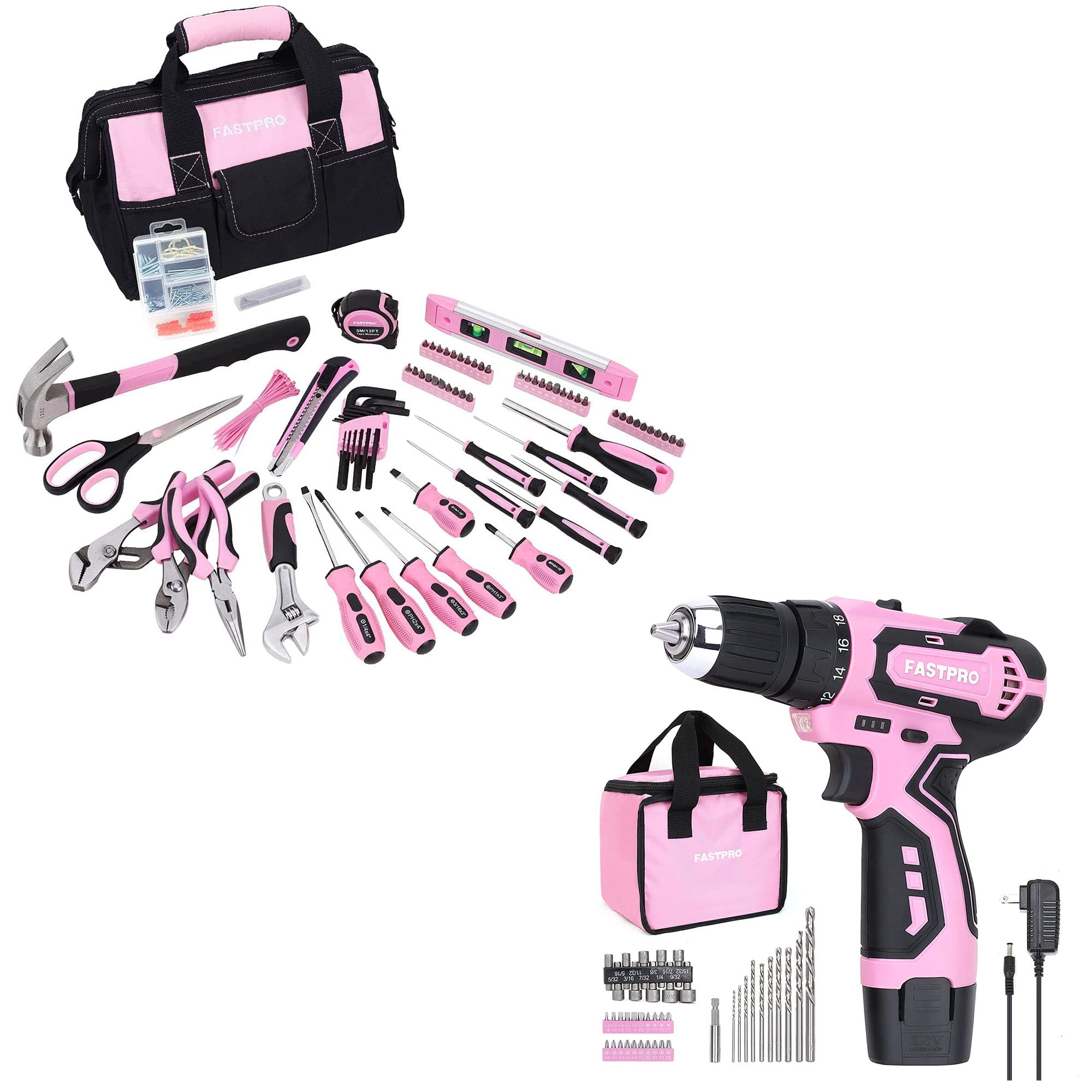 FASTPRO 220-Piece Pink Home Repair Tool Kit for Women - Includes 12V Cordless Lithium-Ion Drill Driver - Perfect for DIY Projects, Home Maintenance & Small Repairs