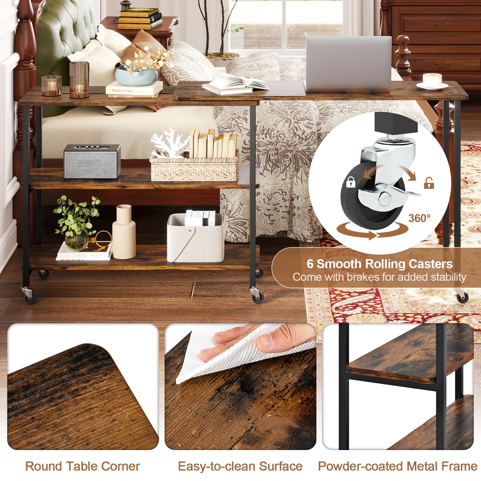 Tangkula 360° Rotating Side Table for Couch - Patented Mobile Laptop Desk with 2-Tier Storage Shelves & Sturdy Metal Frame | Extendable Snack Table for Living Room, Home Office & Bedroom Use