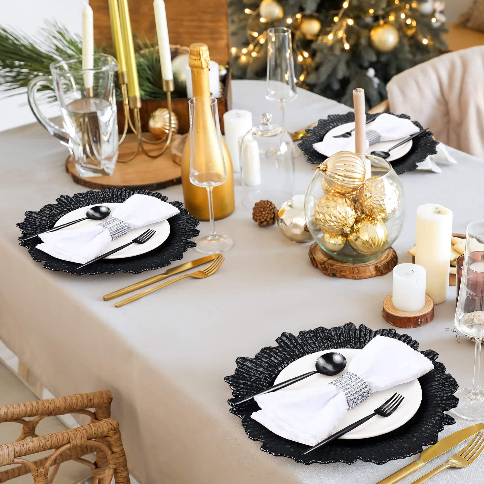 50 Pcs 13 Inch Black Plastic Wedding Charger Plates with Floral Reef Design - Decorative Round Ruffled Rim Dinner Plates for Wedding, Party, Event Table Setting - Elegant Tableware for Bridal Showers, Banquets & Formal Dining Decorations
