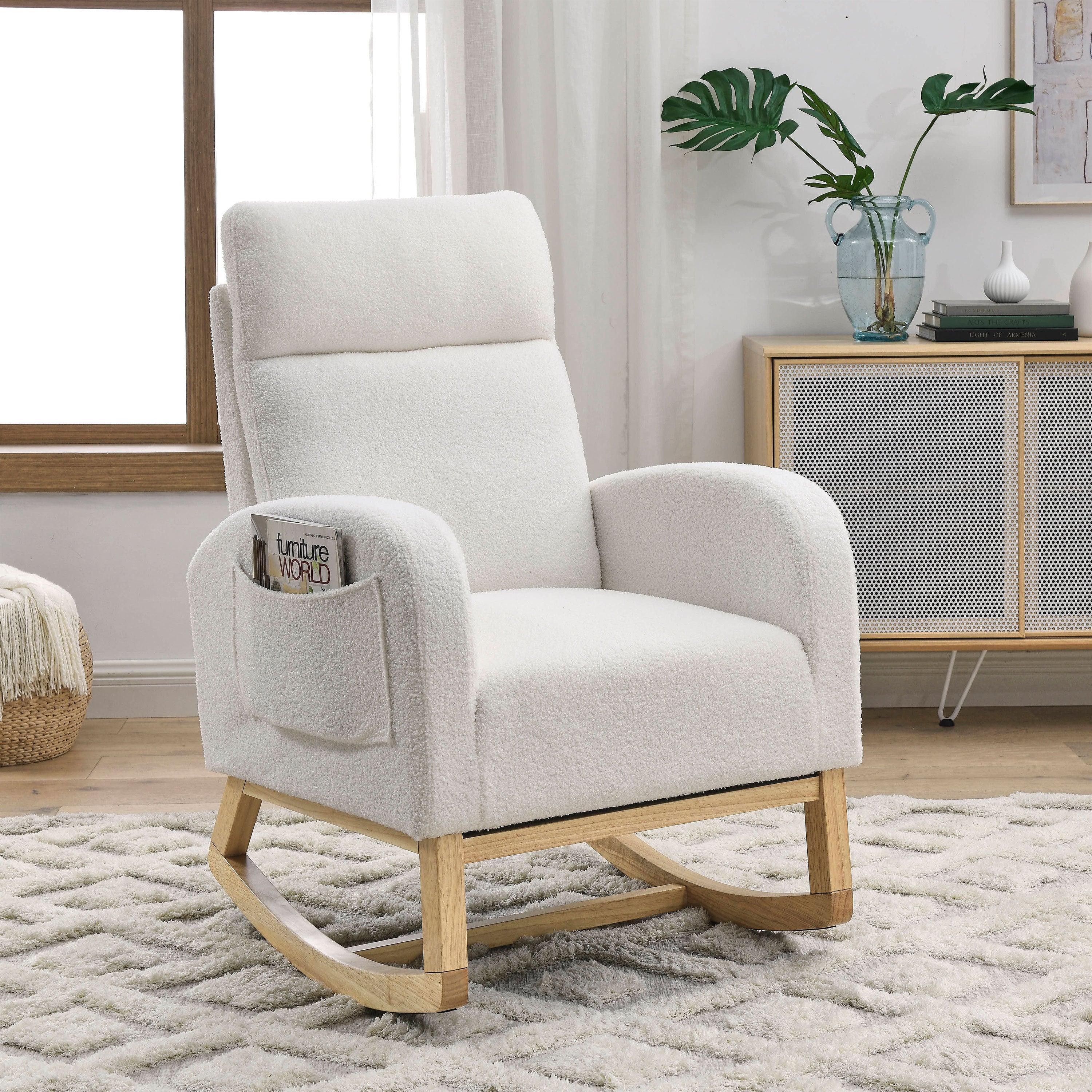 27.6W Modern Accent High Backrest Rocking Chair with Side Pockets - Teddy White (Ivory) - Perfect for Living Room, Lounge, Nursery & Reading Nook