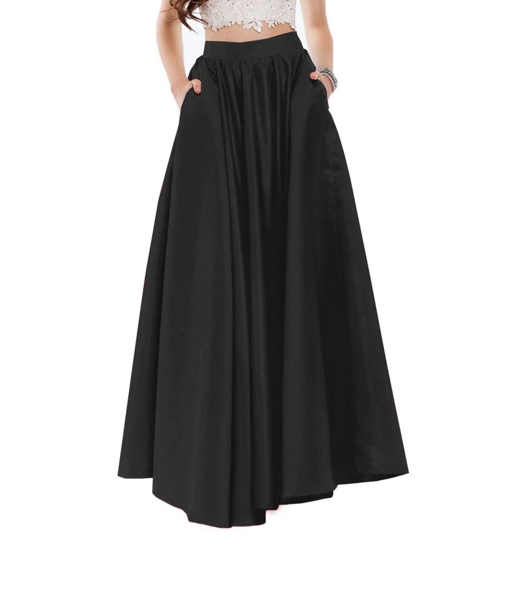 DIYDRESS Women's Long Maxi Skirt - A-Line Elastic High Waist Satin Party Skirt for Prom, Evening & Formal Events - Black (Perfect for Weddings, Dances & Special Occasions)