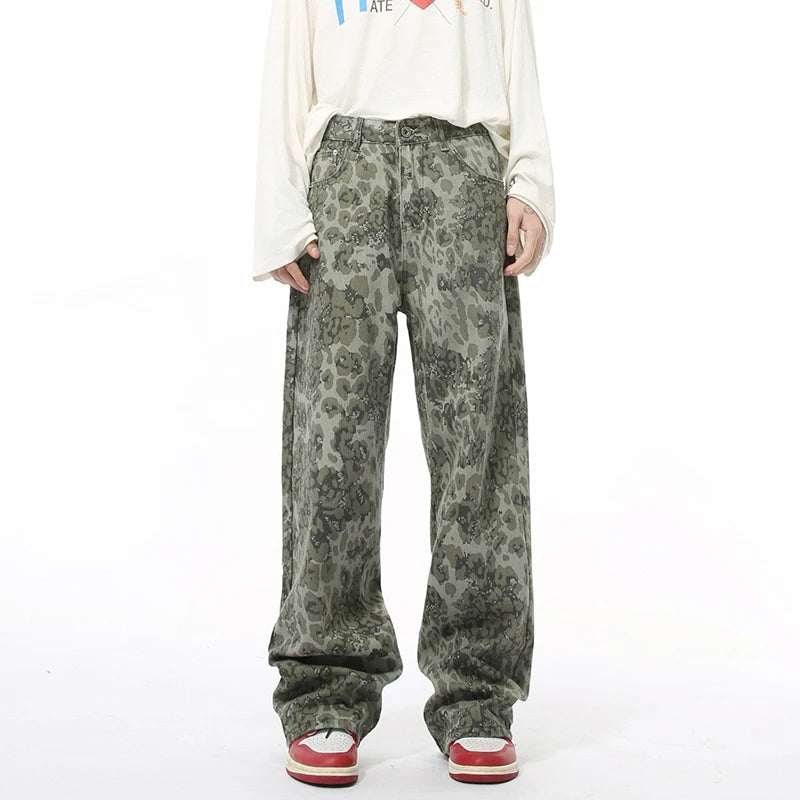 American Style Men's Jeans | Leopard Print Hip Hop Wide Leg Denim Pants for Men | Straight Cut Casual Trousers | Fall Fashion | Perfect for Streetwear, Hip Hop Outfits & Everyday Wear