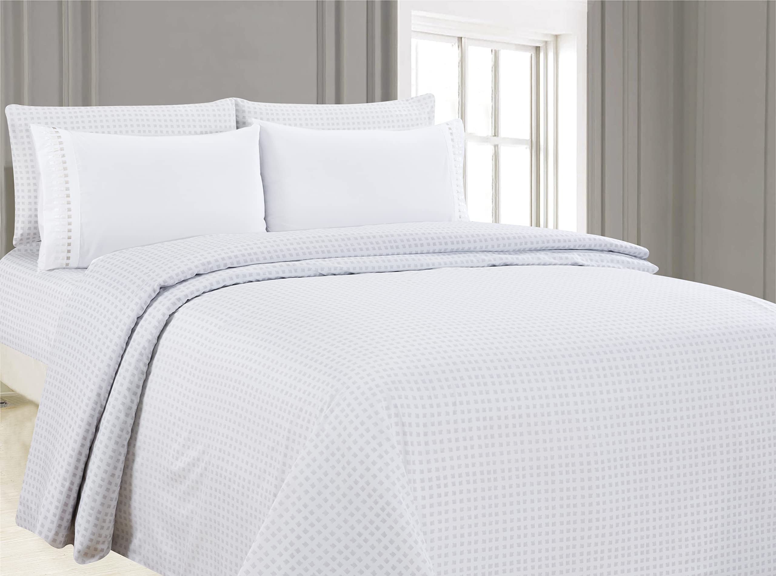 6-Piece Printed Cotton Sheet Set with Embroidered Pillowcases - Clearwater Squares Design, Queen Size Bedding for Comfortable Sleep & Home Decor