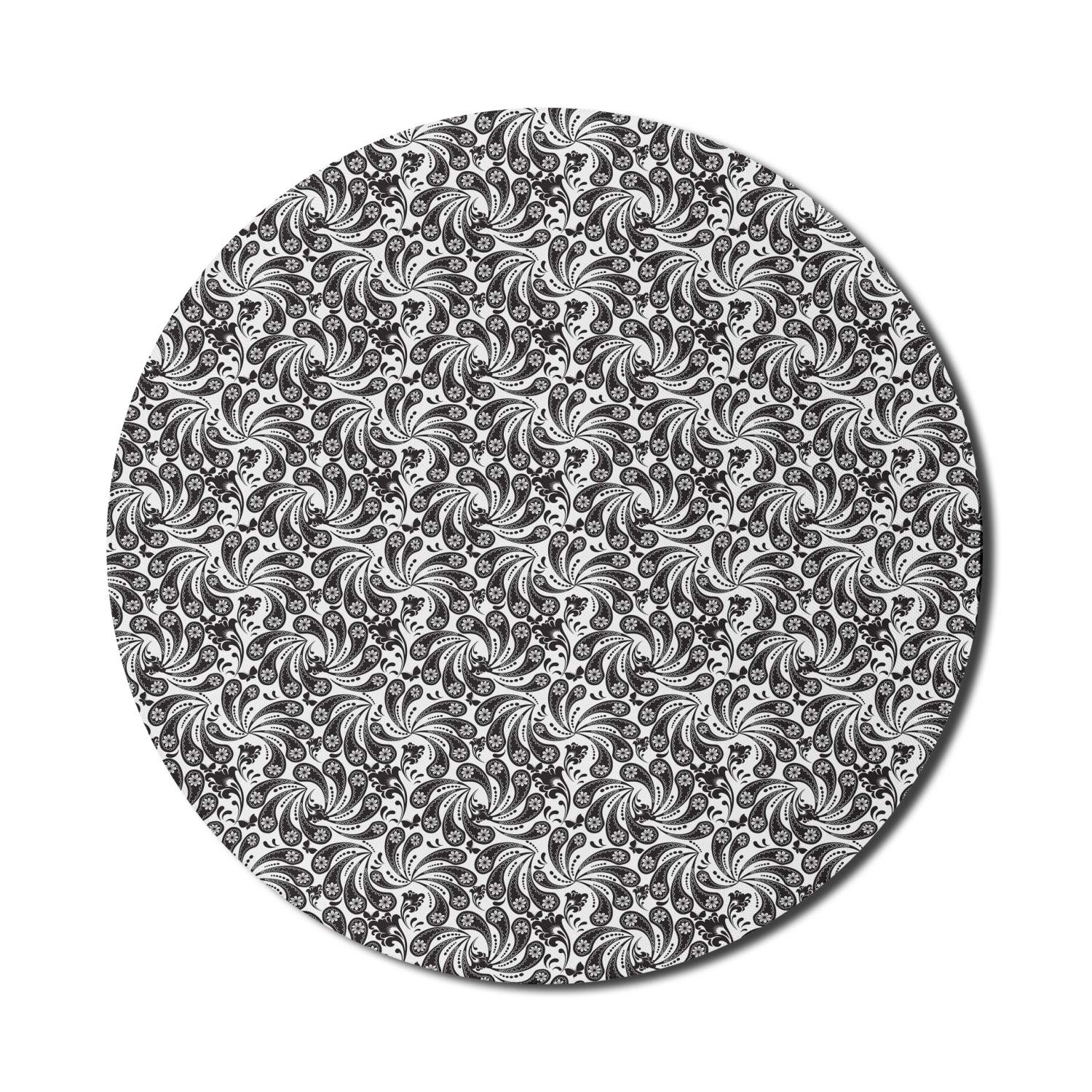 Ambesonne Floral Computer Mouse Pad - Non-Slip Thick Rubber Gaming Mousepad with Botanical Paisley Pattern, Round 8 Inch Dark Brown & White - Perfect for Office, Home & Gaming Setup