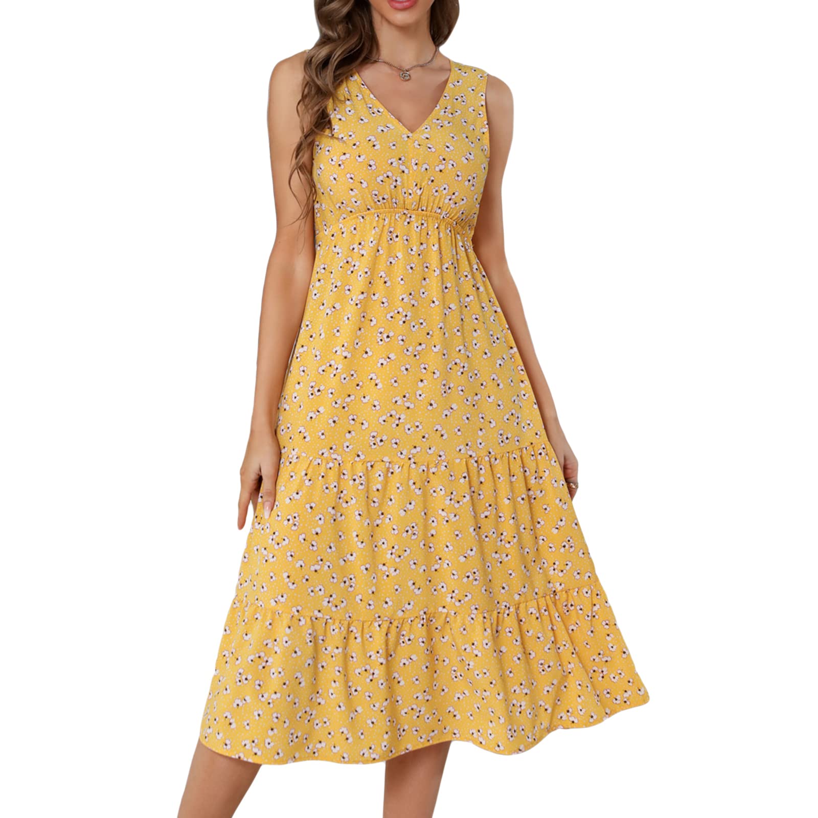 Women's Summer Dress 2022 - Sleeveless V-Neck Casual Midi Sundress for Beach, Vacation & Outdoor Activities | Perfect for Pool Parties, Tropical Getaways and Summer Fashion