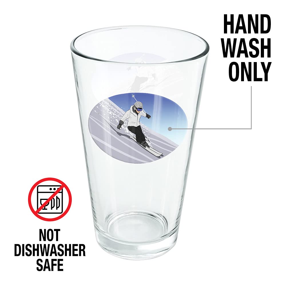 LOGOVISION 16 oz Pint Glass - Tempered Skiing Down Mountain Skier Snow Skis Design - Perfect Fan Gift for Beer, Soda & Cold Beverages - Ideal for Winter Sports Enthusiasts, Après-Ski Drinks & Home Bar Decor