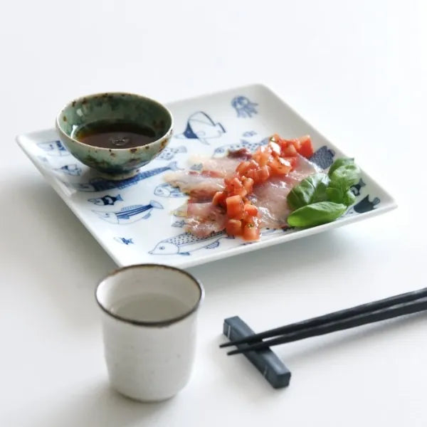 Premium Japanese Hasami Yaki Square Plates - Set of 4, Handcrafted Ceramic Dinnerware with Marine Life Design - Perfect for Sushi, Appetizers & Home Decor