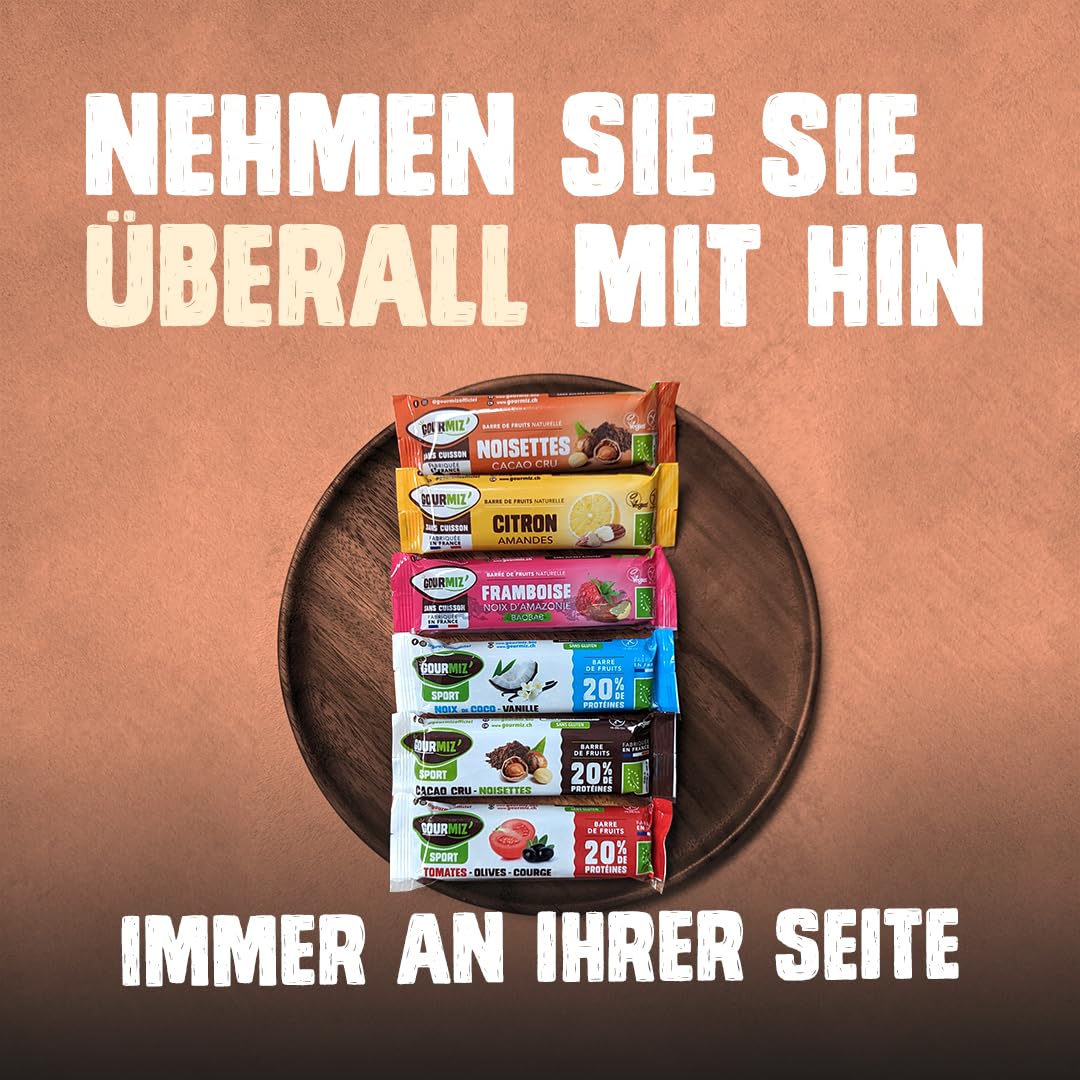 Gourmiz Fruit Bar - Discovery Pack 6 Bars, High Energy Carbohydrate & Organic Protein Bars, Dates, Vegan Snacks, Gluten Free, No Added Sugar - Perfect for Sports, Hiking & Healthy On-the-Go Snacking