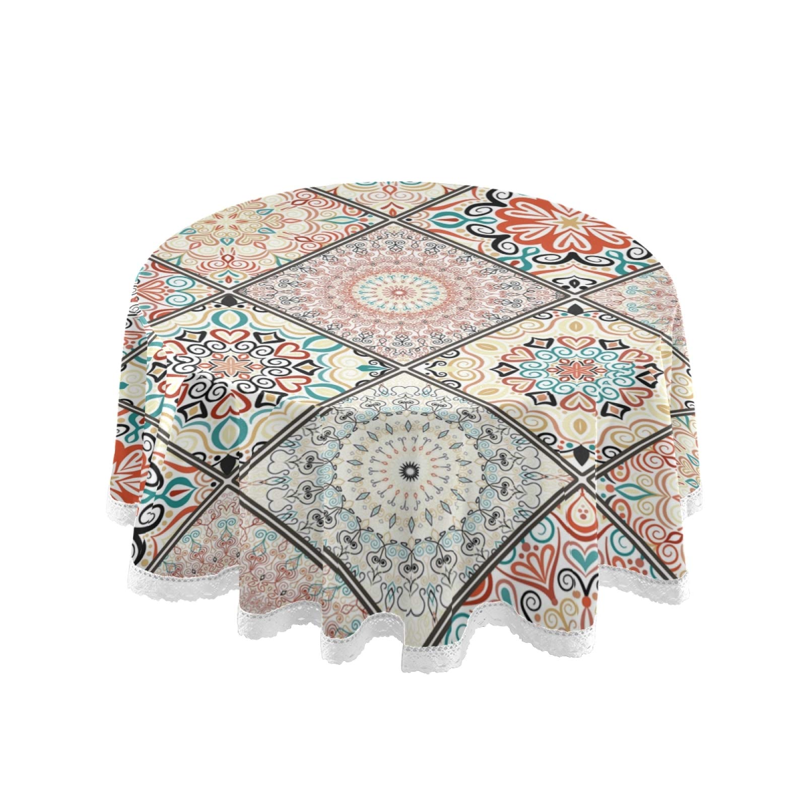 ALAZA Bohemian Mandala Print 60x60 Inch Round Tablecloth - Elastic Hem Anti-Wrinkle Kitchen Dining Table Cover for Indoor/Outdoor Parties, Weddings & Boho Home Decor