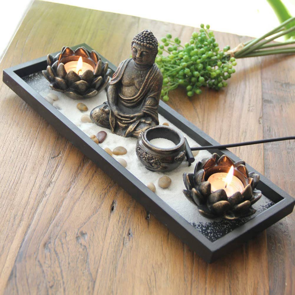 Zen Meditation Garden Set with Resin Buddha Statue, Lotus Candle Holder & Incense Stick - Desktop Decor for Stress Relief, Office Relaxation & Mindful Meditation Practice