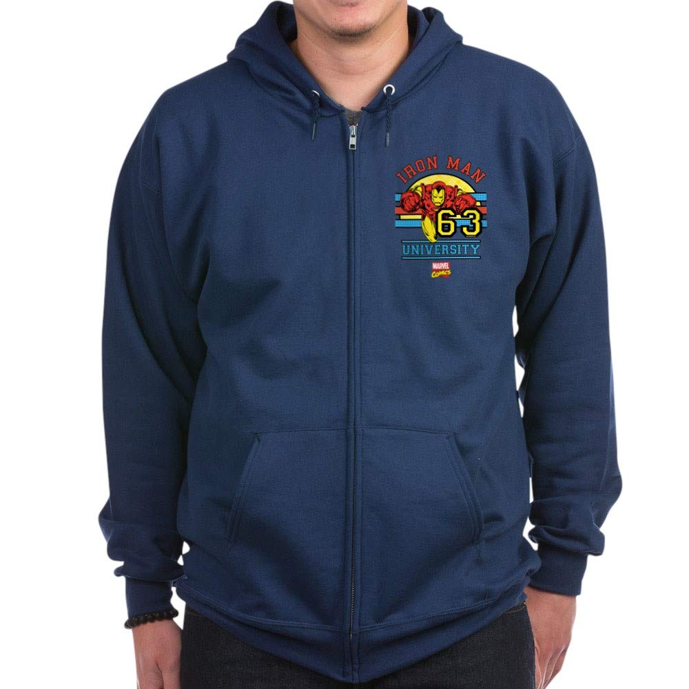 Iron Man University Zip Hoodie for Men - Dark Blue Marvel Superhero Pullover Sweatshirt | Casual Wear, College Campus, Superhero Fan Gift