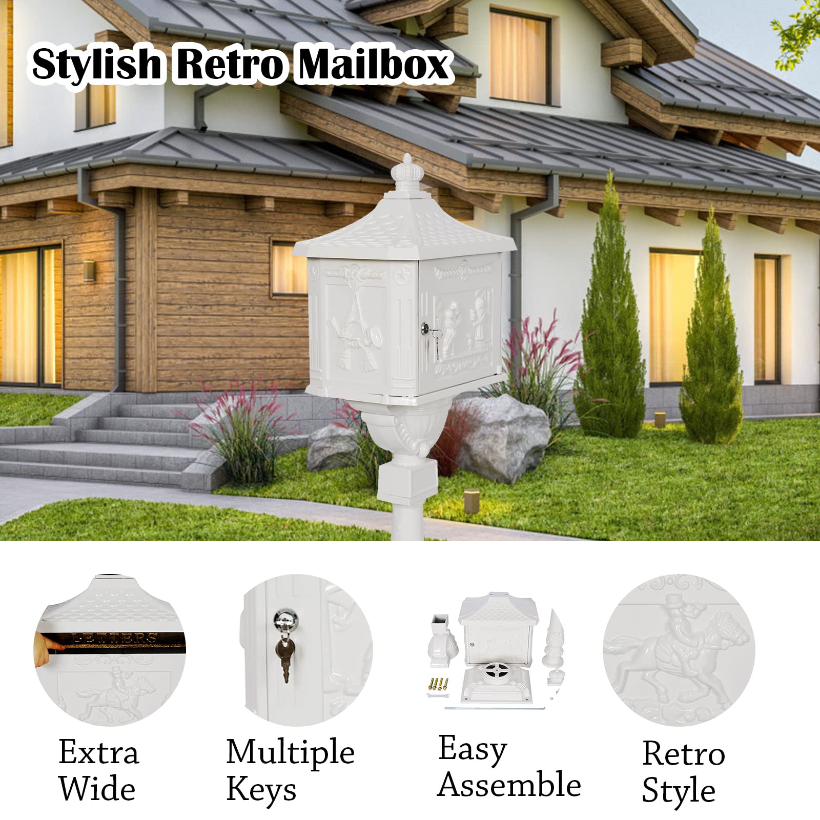 **Goujxcy White Cast Aluminum Locking Mailbox with Post – Weatherproof, Rustproof, Secure Curbside Mail Manager for Outdoor Home & Apartment Use**