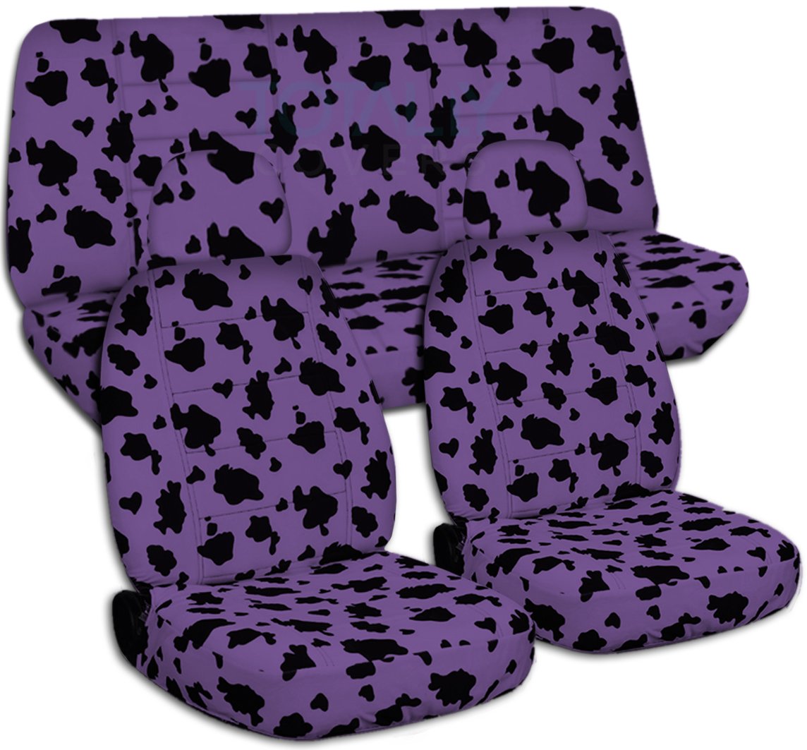 Purple Cow Animal Print Car Seat Covers Full Set with 2 Front Headrest Covers - Semi-Custom Fit for Any Car, Truck, Van, RV or SUV - 30 Trendy Prints - Perfect for Road Trips, Daily Commutes & Vehicle Protection