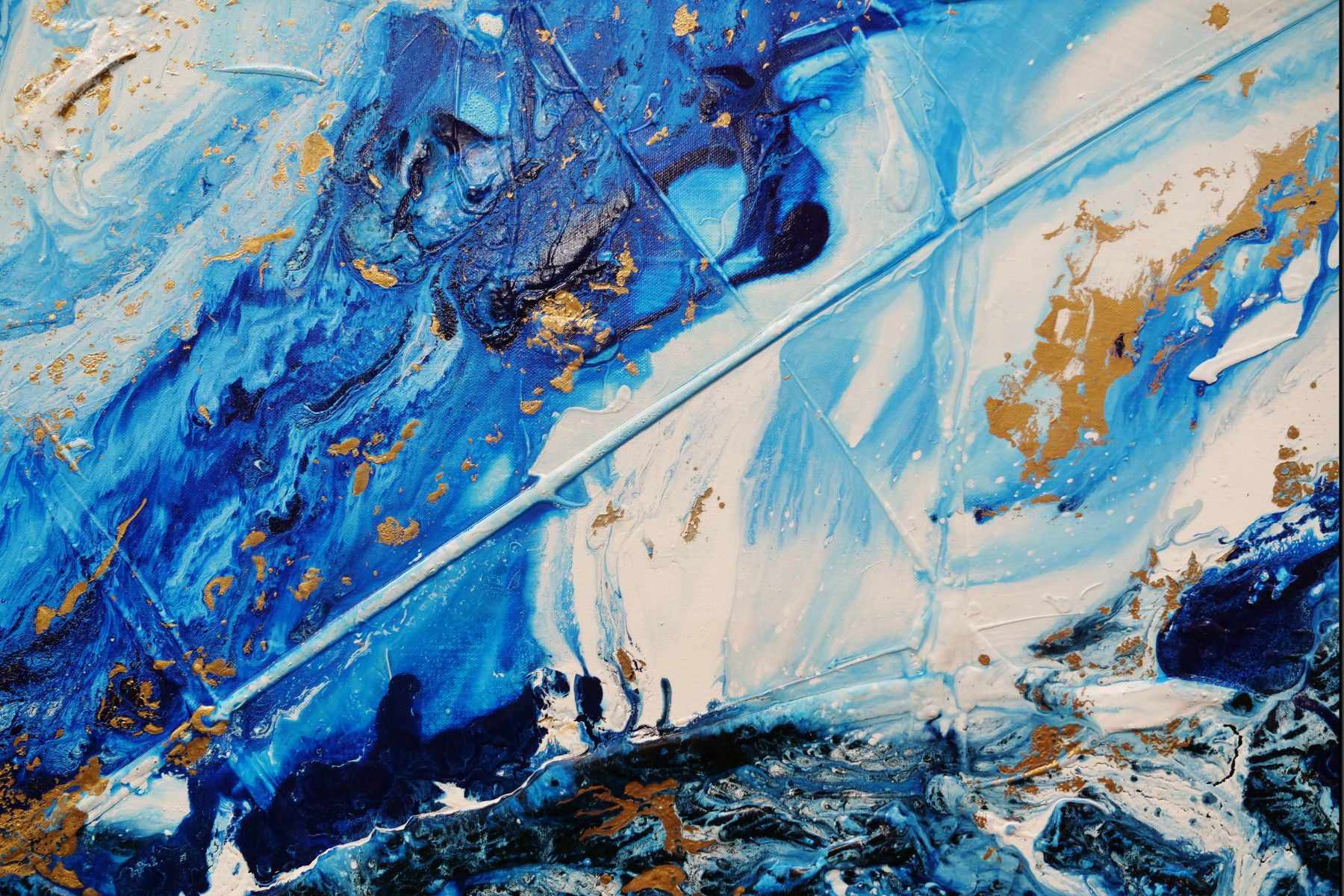 Admiralty Sapphire Blue White Gold Textured Abstract Painting - 200cm x 80cm Large Wall Art for Living Room, Bedroom & Office Decor | Modern Canvas Artwork for Home & Commercial Spaces
