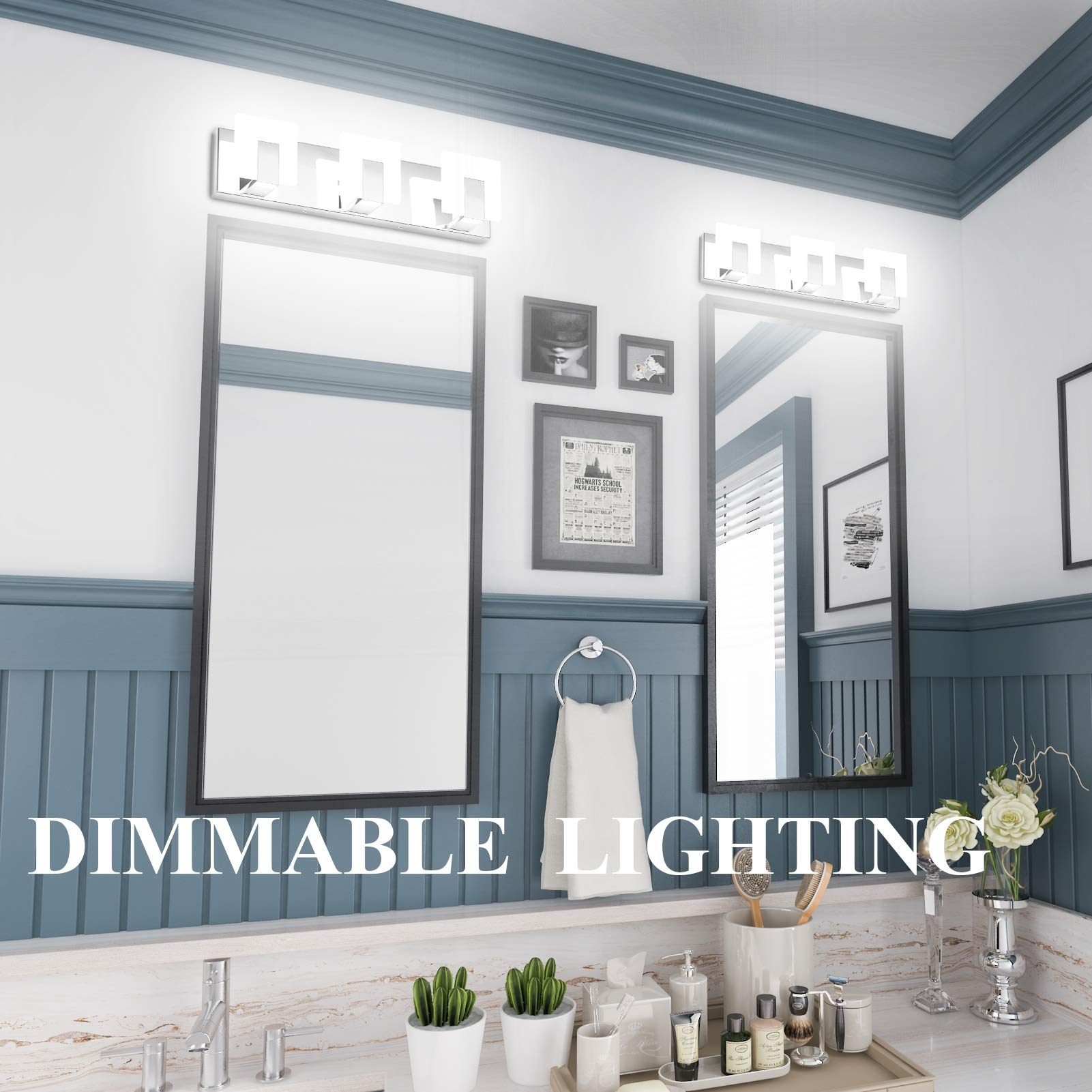 Aipsun 3-Light Dimmable Modern LED Vanity Light - Frosted White Acrylic & Chrome Finish - Up/Down Bathroom Wall Light Fixture for Mirror (6000K White Light) - Perfect for Bathroom, Powder Room & Dressing Area Lighting