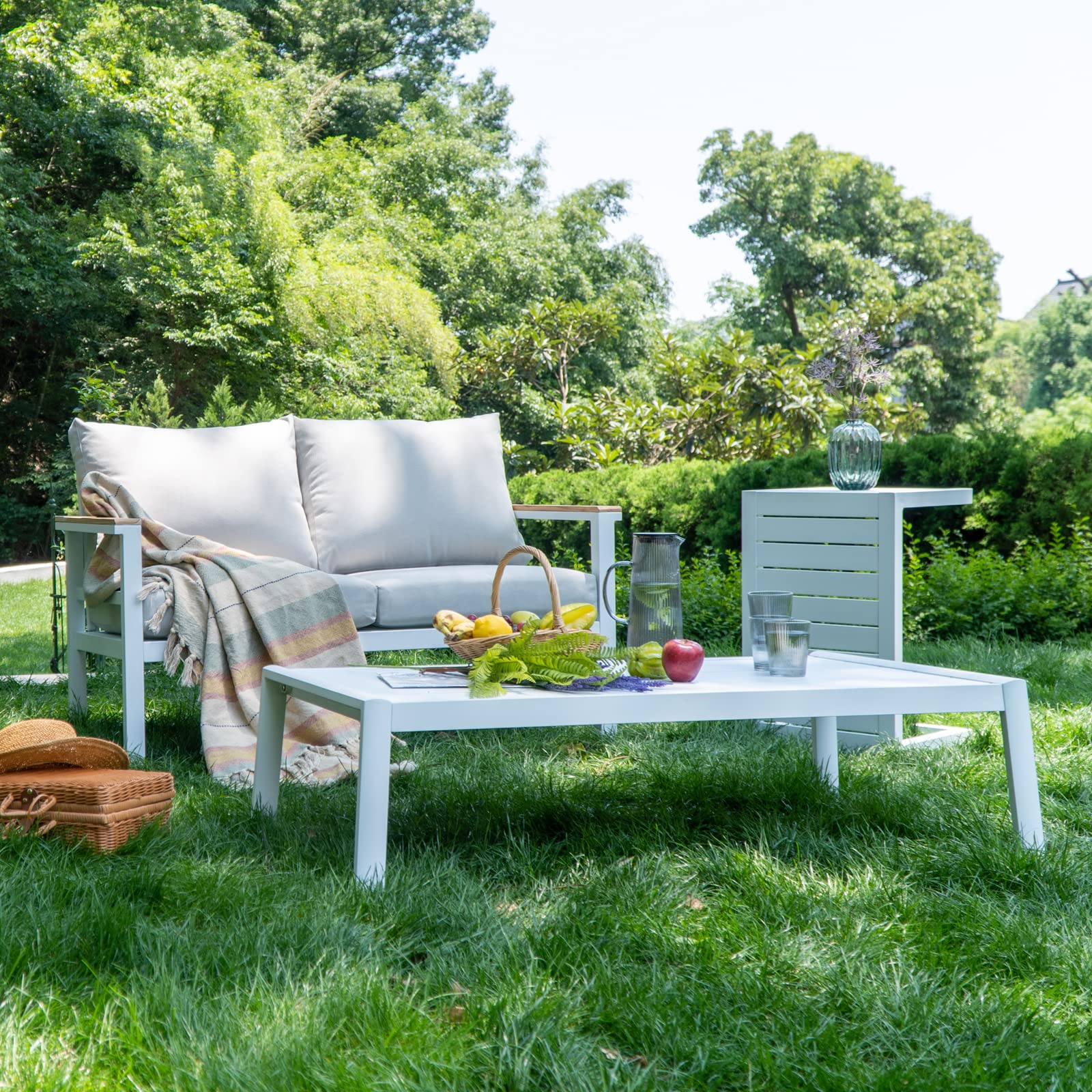 Outdoor Patio Furniture Set - 2 Seater Aluminum Loveseat Sofa with Beige All-Weather Cushions, White Frame - Perfect for Garden, Balcony, Backyard & Poolside Relaxation