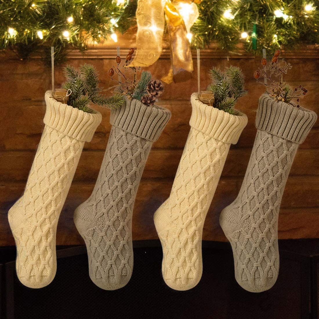 Premium Cable Knit Christmas Stockings Set of 2 - 18 Inch Classic Solid White & Gray Holiday Decor - Perfect for Fireplace Mantel, Gift Filling & Festive Home Decor
