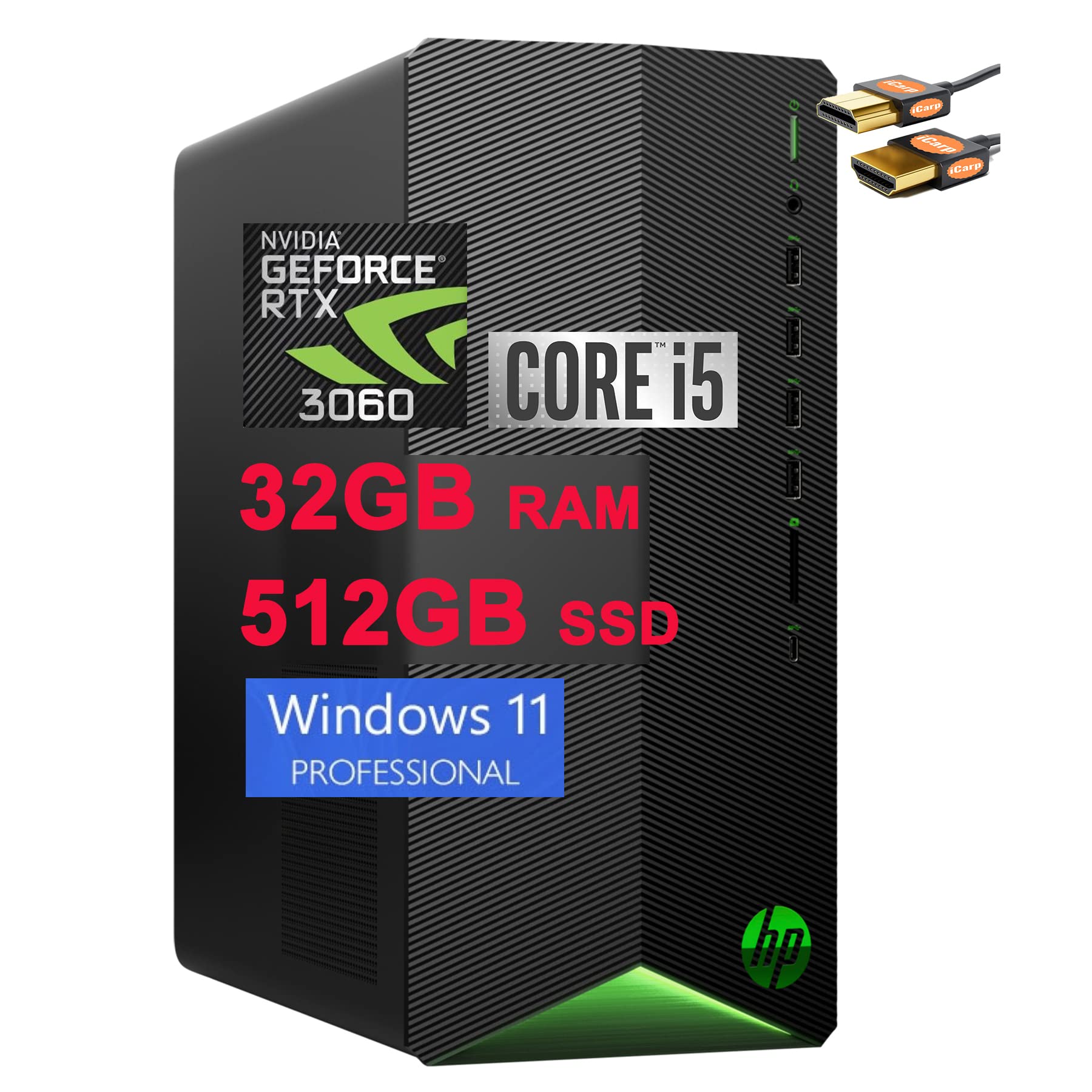HP Pavilion Gaming Desktop PC - 10th Gen Intel Hexa-Core i5-10400F, 32GB RAM, 512GB SSD, GeForce RTX 3060 12GB, USB-C, DisplayPort, Bluetooth, Win11 Pro (Black) + HDMI Cable - Perfect for 4K Gaming, Streaming & Content Creation