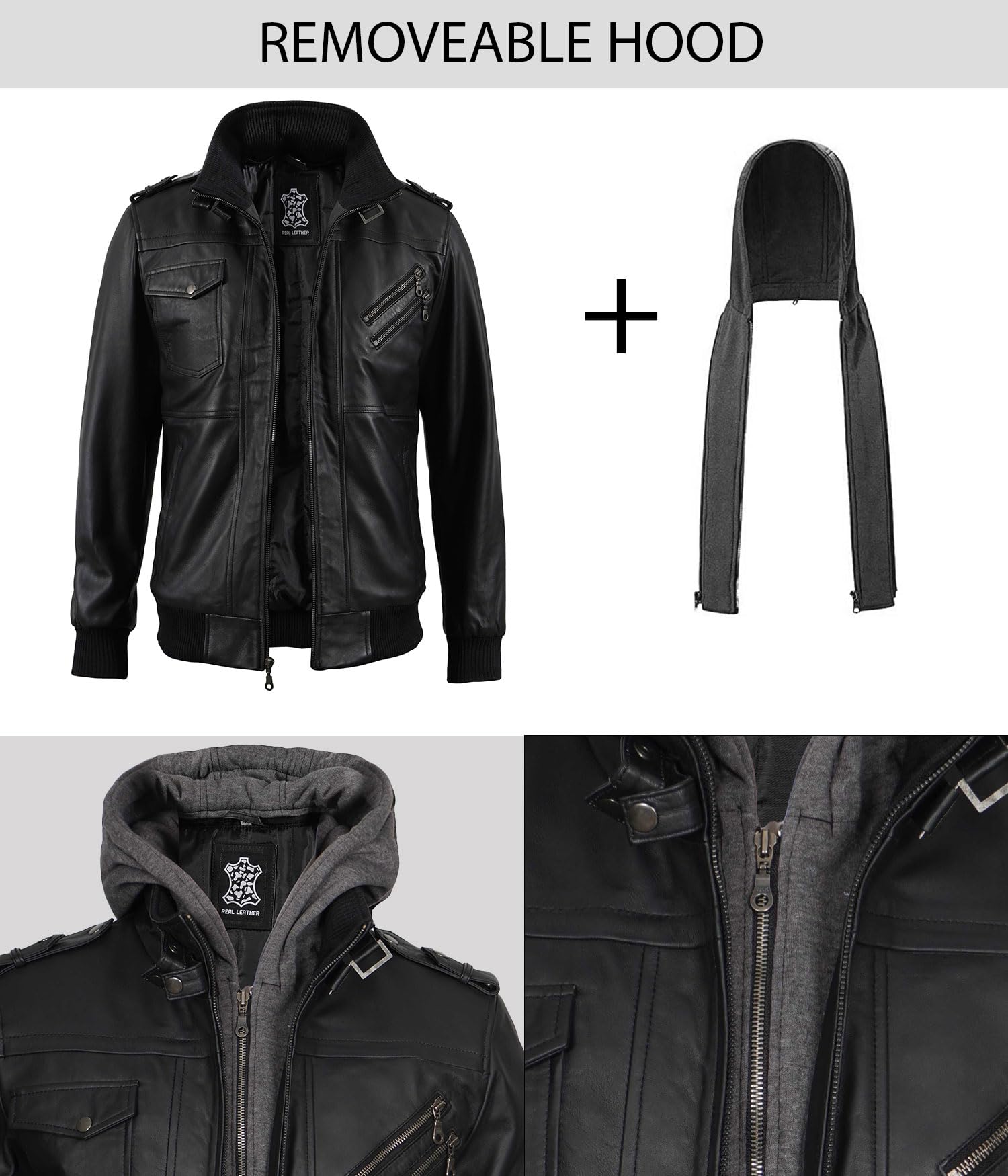 Genuine Leather Bomber Jacket for Men - Motorcycle & Casual Wear with Removable Hood - Stand Collar Biker Jacket for Riding, Travel & Everyday Fashion