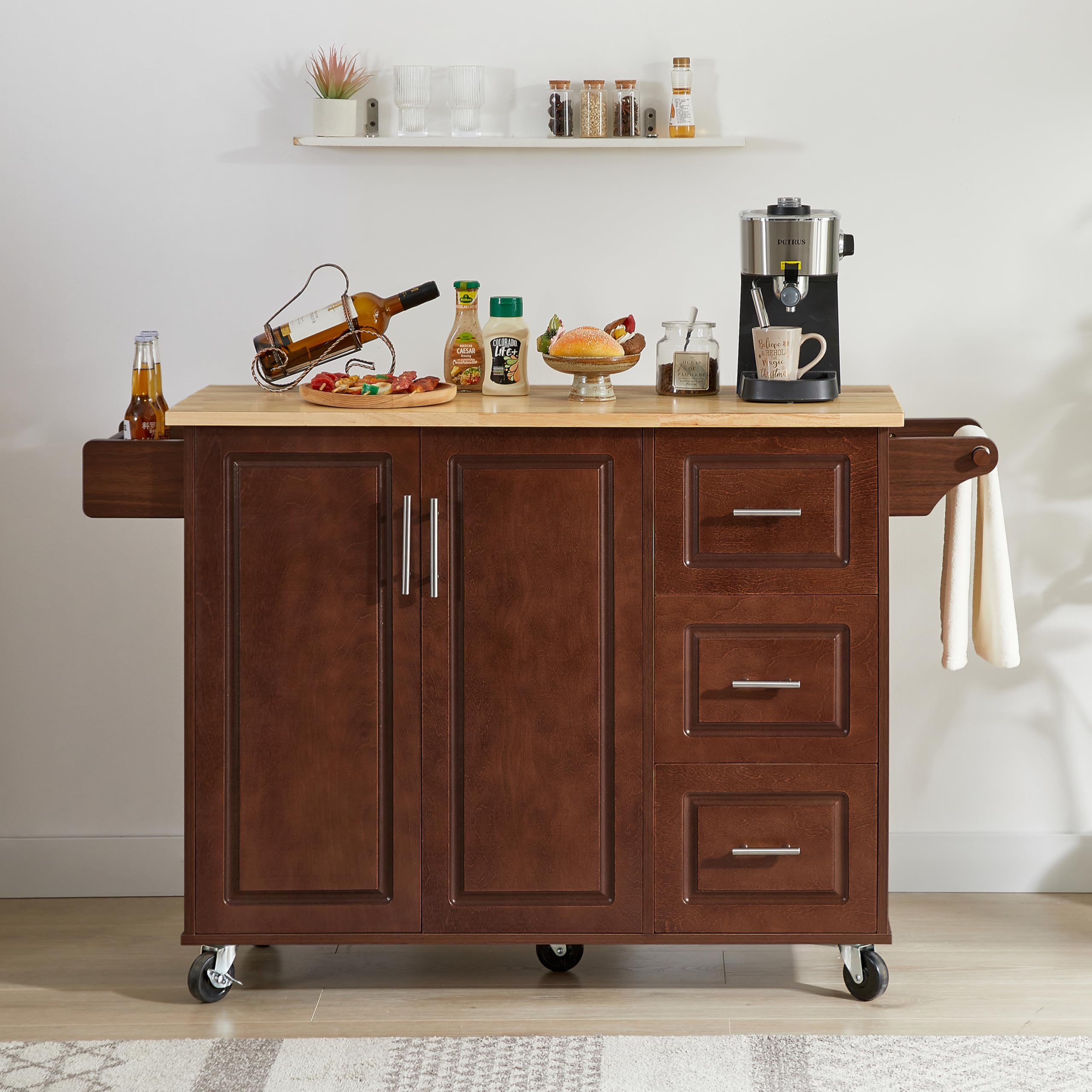 **Rolling Kitchen Island with Storage - Drop Leaf Countertop, Spice Rack, Wheels & Drawers - Mobile Kitchen Cart for Small Spaces, Apartments & Home Cooking (Brown)**    *(Ideal for meal prep, extra counter space, and organizing spices & utensils in compact kitchens.)*