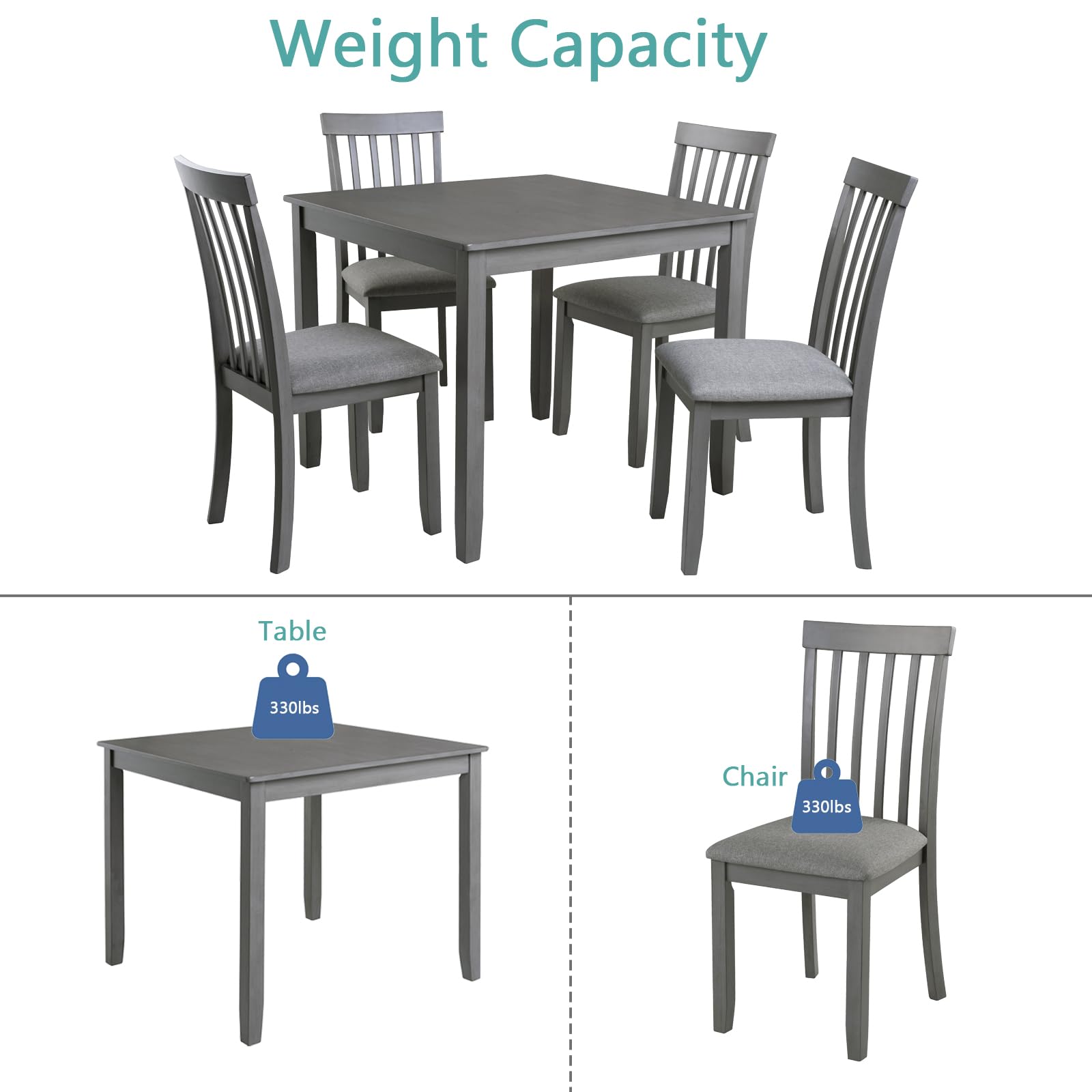 5 Piece Farmhouse Dining Table Set with 4 Upholstered Chairs - Solid Wood Kitchen Table & Chairs for Dining Room - Grey - Perfect for Family Meals, Dinner Parties & Cozy Breakfasts