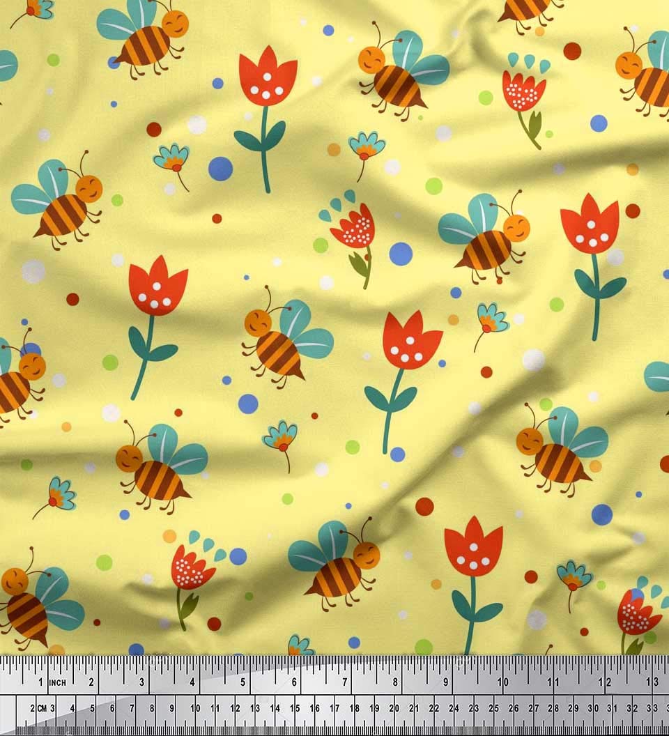 Soimoi Cotton Voile Fabric - Yellow Floral Bee Print for DIY Crafts