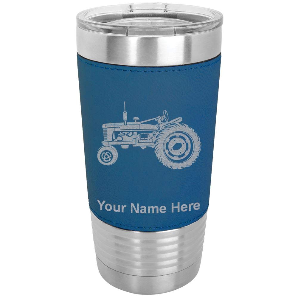 LaserGram 20oz Vacuum Insulated Stainless Steel Tumbler Mug with Personalized Engraving - Old Farm Tractor Design, Leakproof & Sweatproof, Faux Leather Handle (Blue) - Perfect for Coffee, Tea, Cold Drinks at Home, Office or Outdoor Adventures