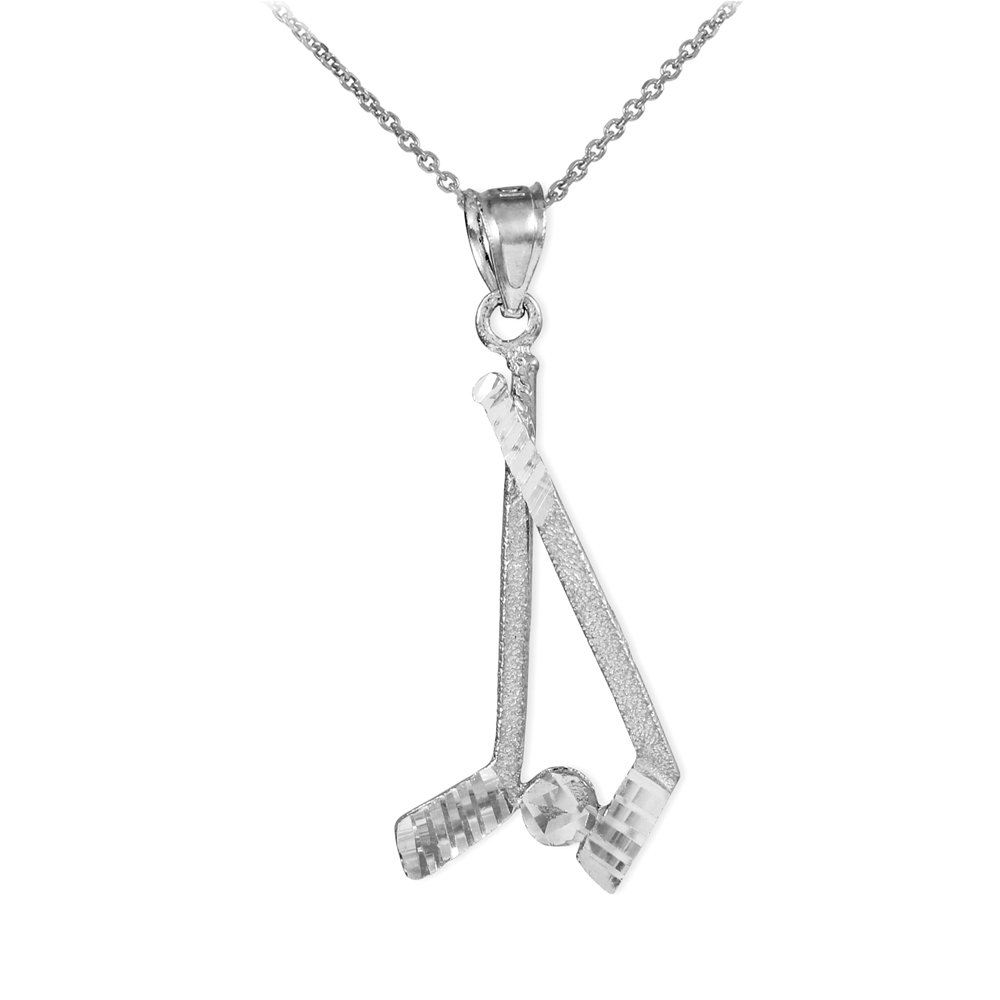 10K White Gold Hockey Stick & Puck Pendant Necklace for Men & Women - Perfect Gift for Hockey Fans & Winter Sports Enthusiasts
