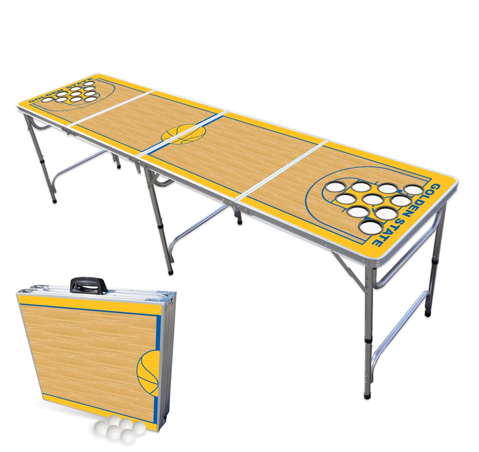 8-Foot Folding Portable Beer Pong Table with Optional Cup Holders & LED Lights - Golden State Basketball Court Design - Perfect for Backyard Parties, Tailgates & College Events (Choose Your Size)