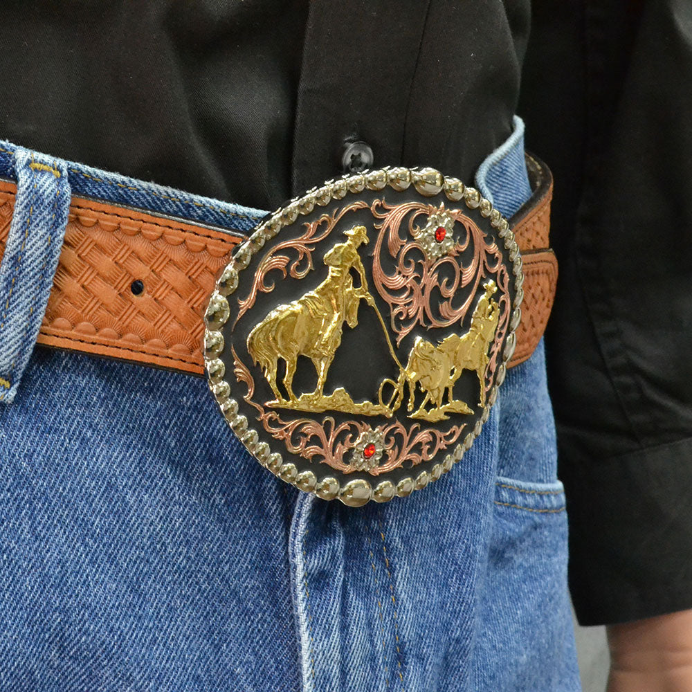 Tri Color Team Roper Attitude Belt Buckle - Western Cowboy Rodeo Style for Men & Women - Perfect for Rodeo Events, Country Concerts & Western Fashion