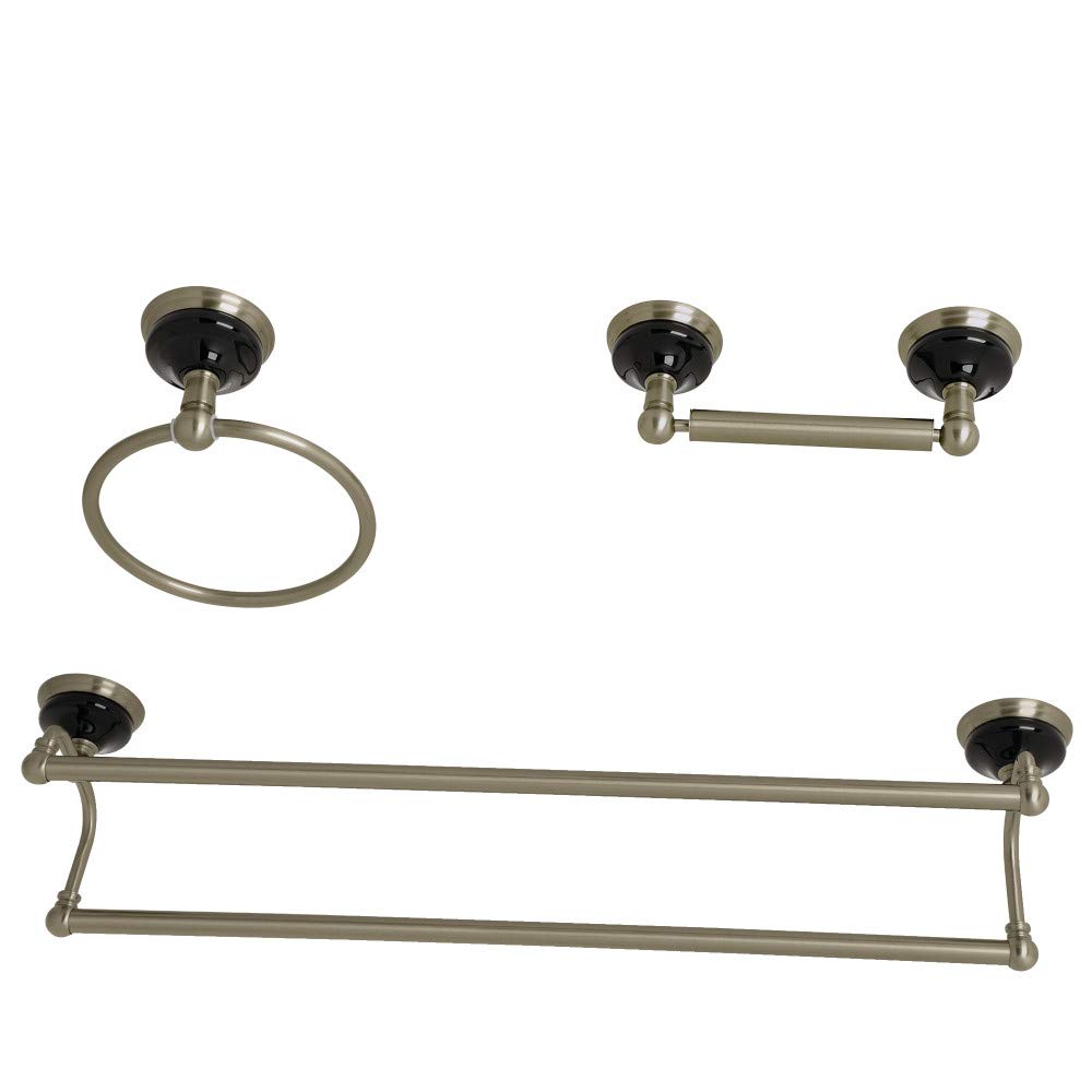Kingston Brass BAK911348BN Water Onyx Bathroom Hardware Set - Brushed Nickel Finish, 26.75 x 6.13 x 7.31 Inches - Complete Towel Bar, Robe Hook & Toilet Paper Holder Set for Modern Bathroom Decor