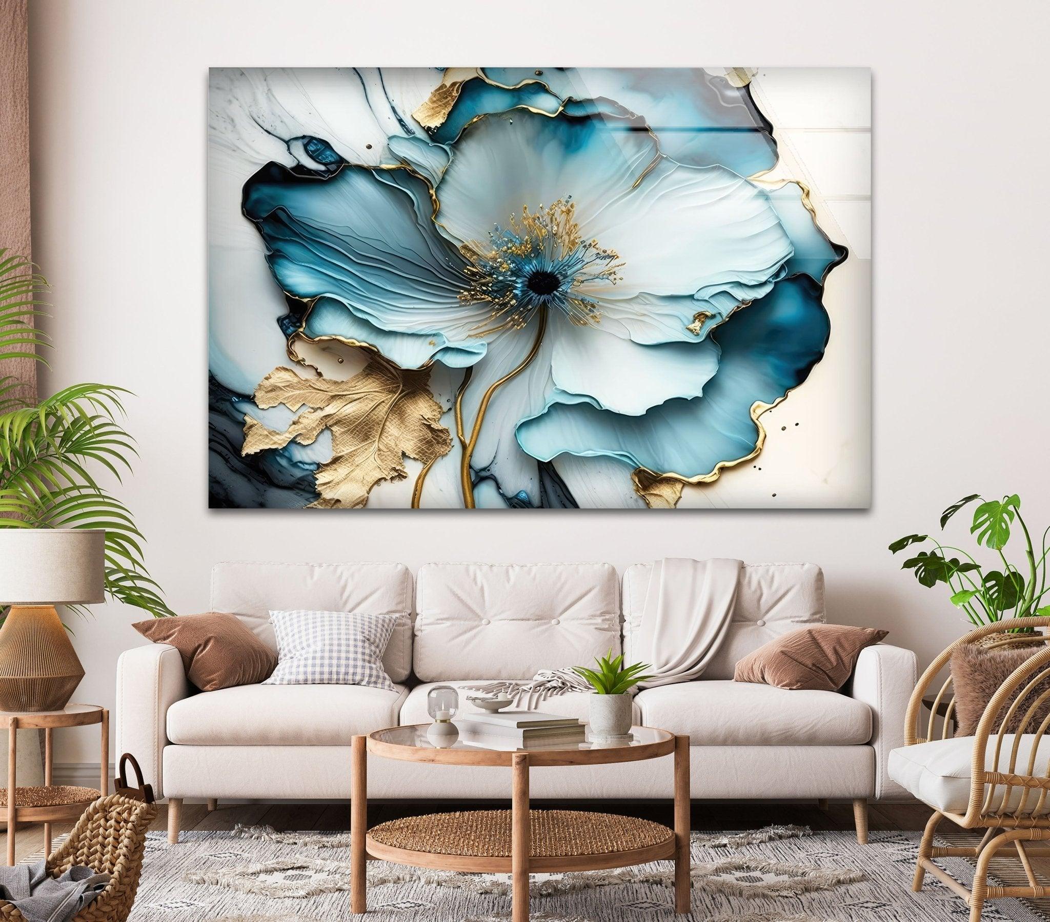 Abstract Blue Flower Glass Wall Art - Modern Handmade Decor for Living Room, Bedroom, Office - Elegant Home & Gift Idea for Housewarming, Wedding, Anniversary