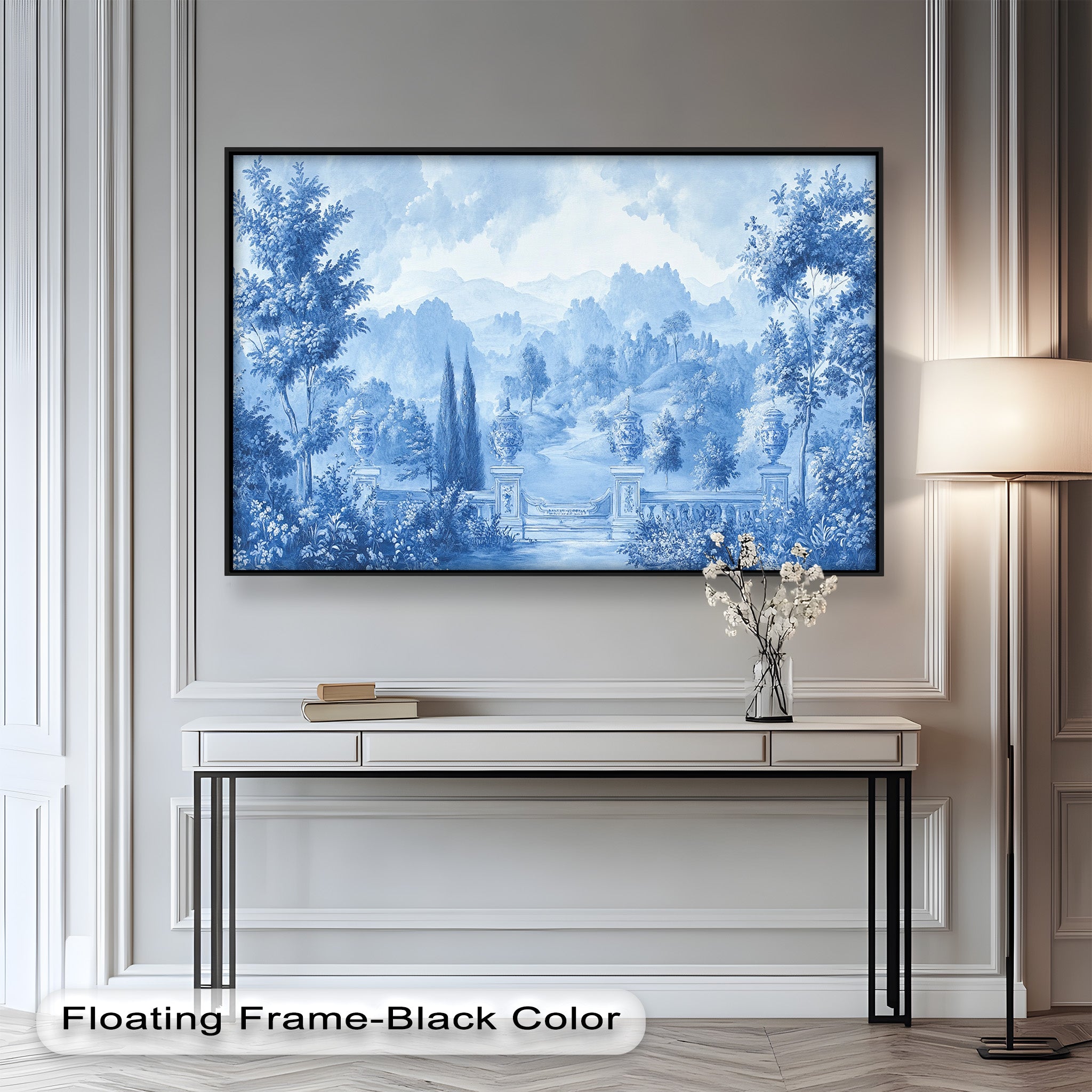 Blue Toned Garden Wall Art - Classical Landscape Oil Painting for Home Decor | Vintage Style Canvas Print for Living Room, Bedroom & Office