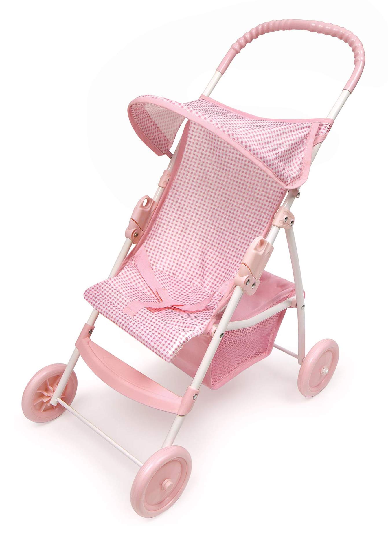 Badger Basket 18 Inch Doll Stroller - Pink Gingham Folding Umbrella Stroller with Canopy & Storage Basket | Perfect for American Girl Dolls & Role Play | Indoor & Outdoor Playtime