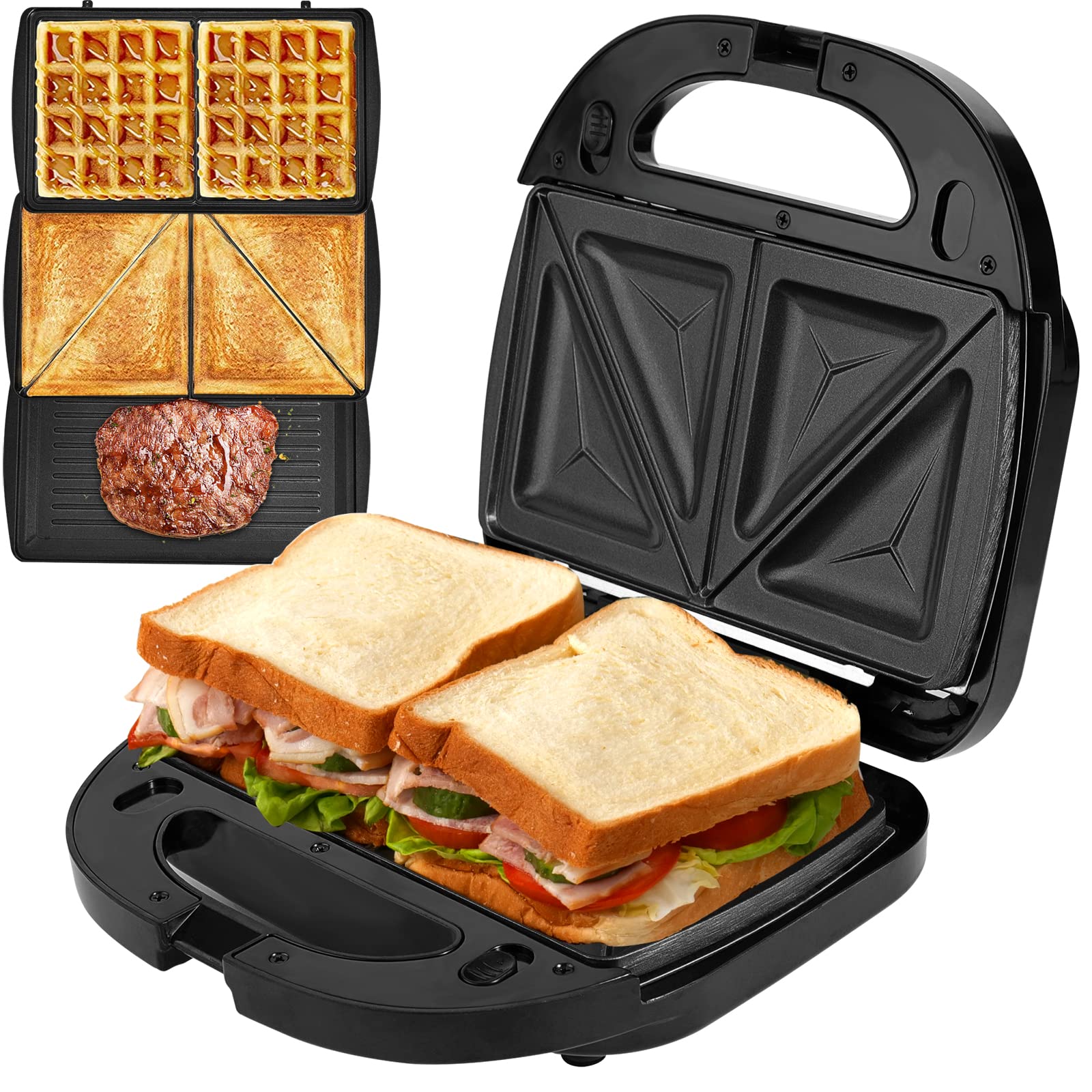 ORFELD 3-in-1 Sandwich Maker, Waffle Iron & Panini Press Grill with Non-Stick Removable Plates | Fast Even Heating | Portable Handle & LED Indicator | Perfect for Breakfast, Brunch, Picnics & Christmas Gifts | Silver Kitchen Appliance